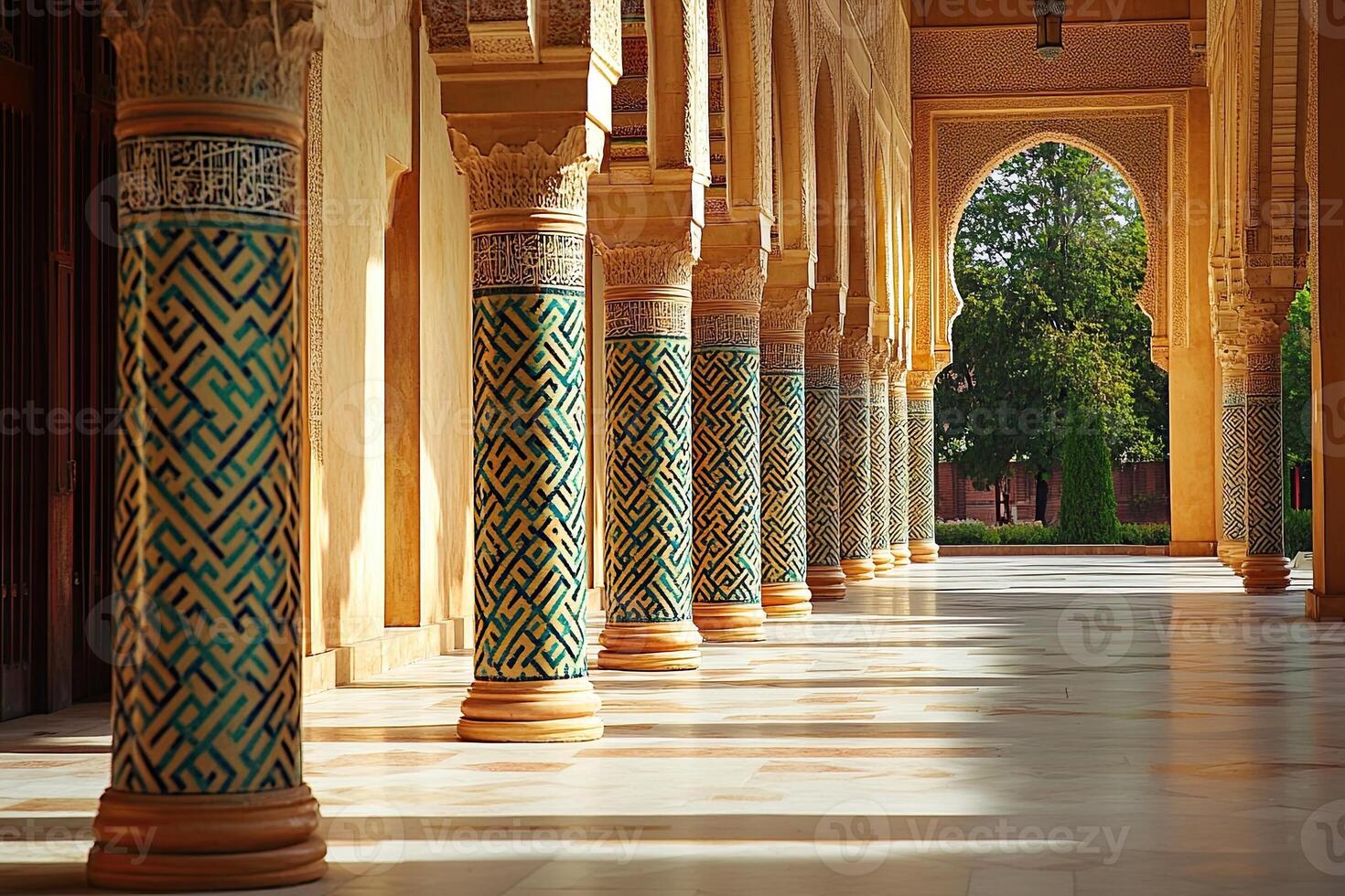 Sunlit colonnade with intricate tilework and arched doorway leading to a garden. photo