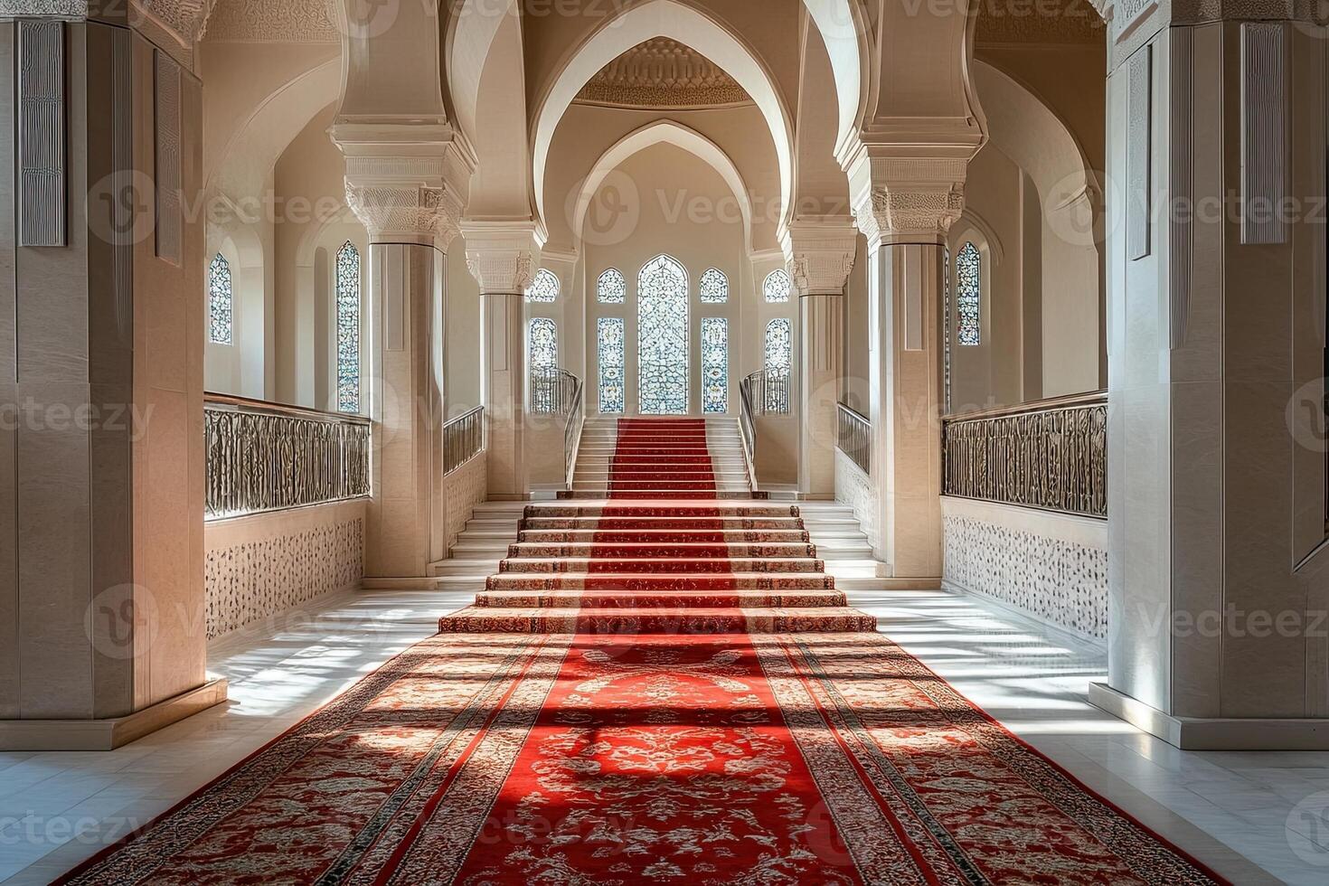 Sunlit grand staircase with red carpet runner in ornate building. photo