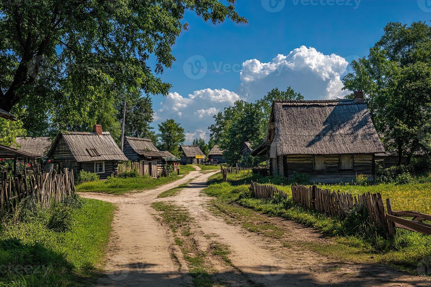 Picturesque rural village scene with traditional thatched-roof houses, dirt road, and lush green vegetation under a partly cloudy sky. photo