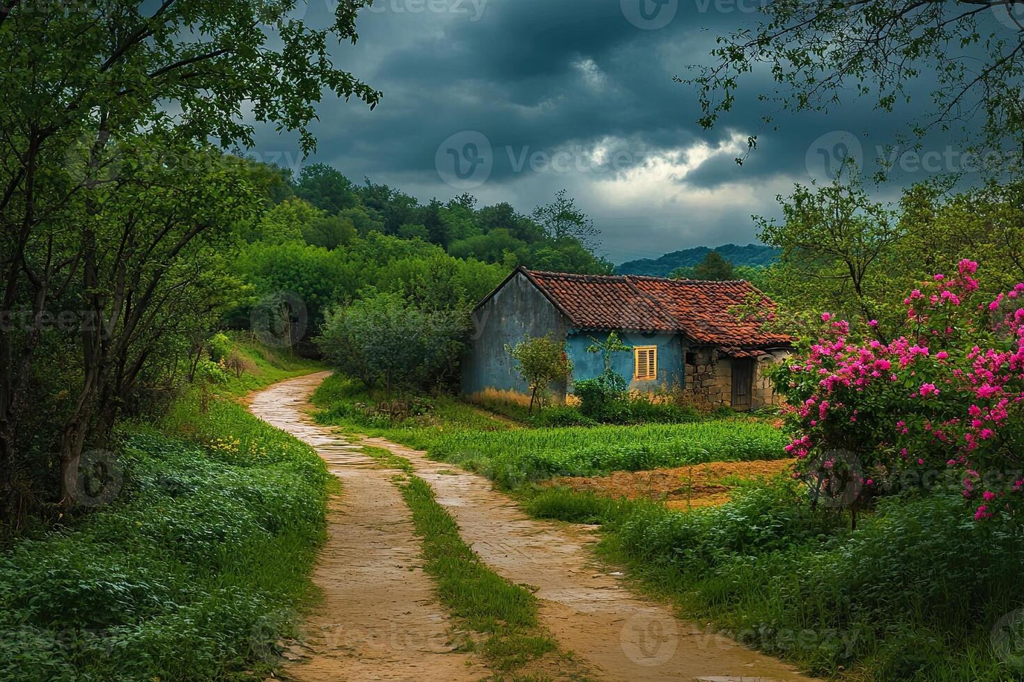 Rustic blue house on a dirt road, lush greenery, stormy sky. photo