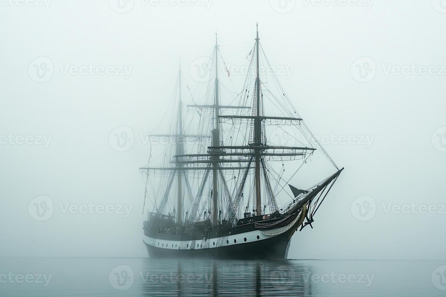 A majestic ship emerges from dense fog on calm waters. photo