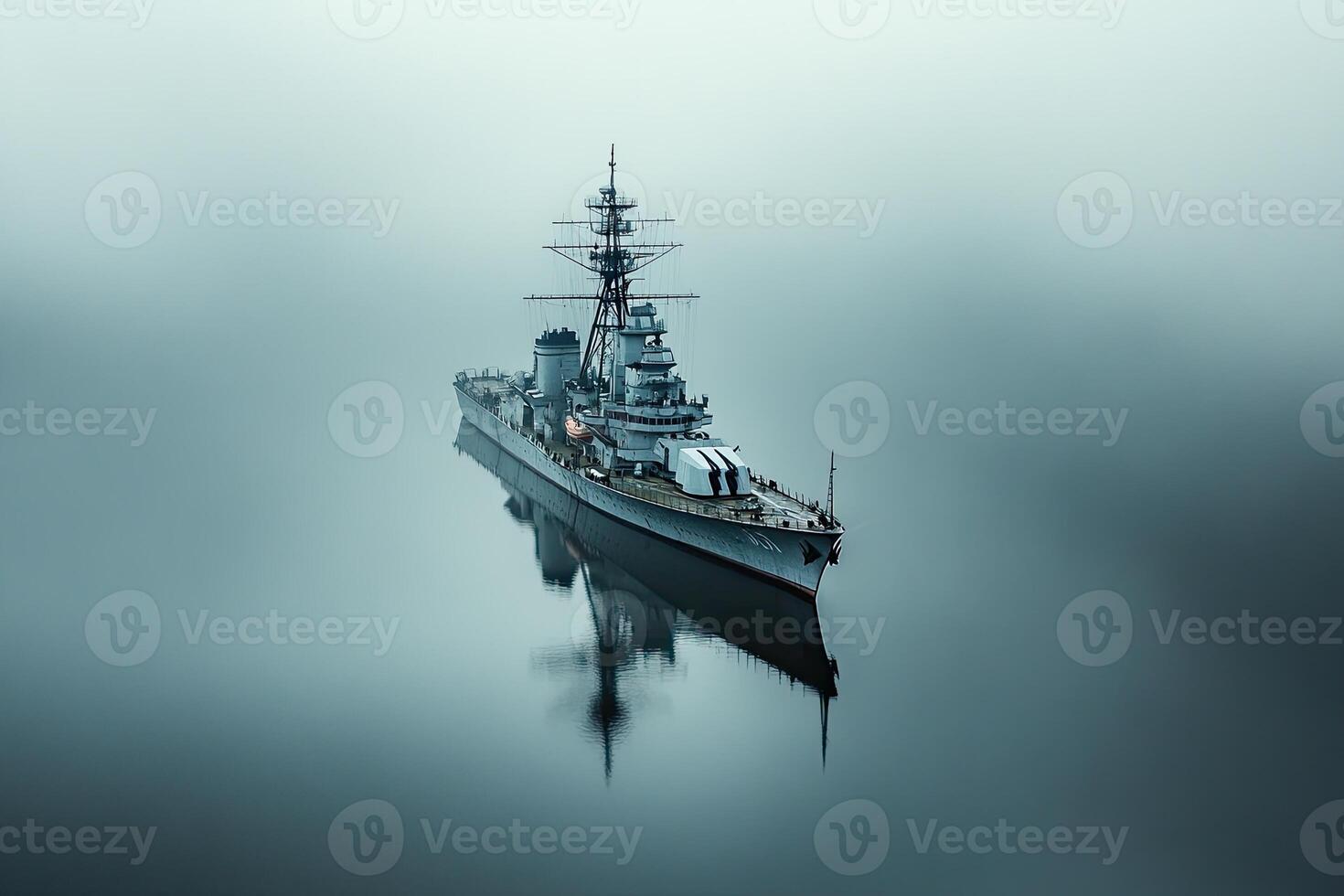 A battleship anchored in a misty, tranquil sea. photo