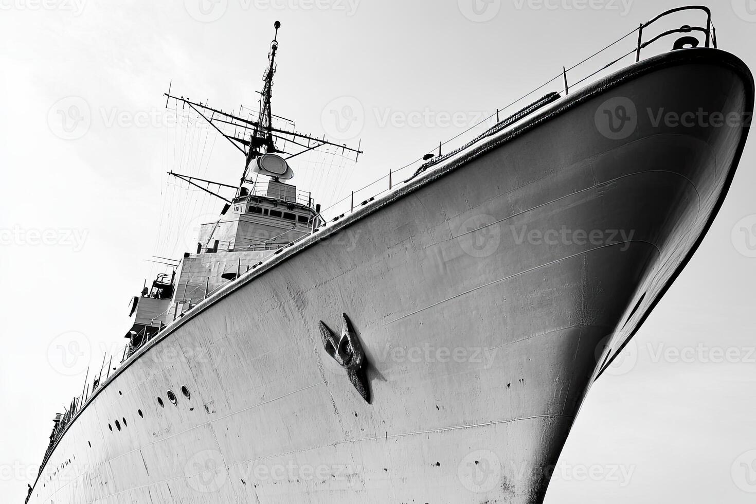 A large ship's bow captured in black and white. photo