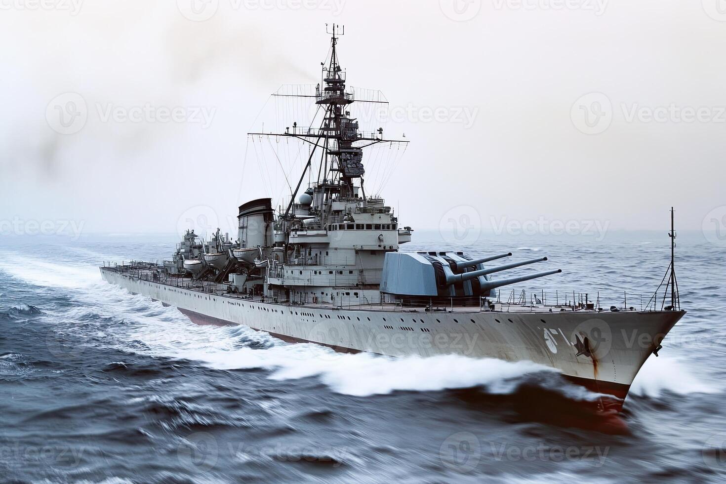 A battleship navigating through turbulent waters. photo