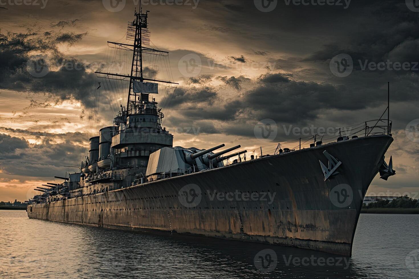 A historic battleship docked under a dramatic sky. photo