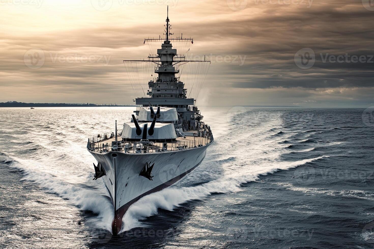 A battleship navigating through ocean waves at sunset. photo