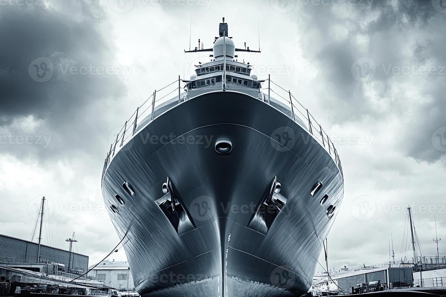 A large ship docked, viewed from the front. photo