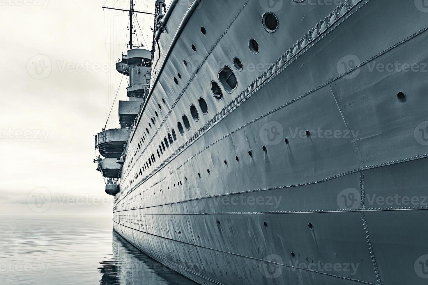 A close-up view of a ship's hull on calm waters. photo