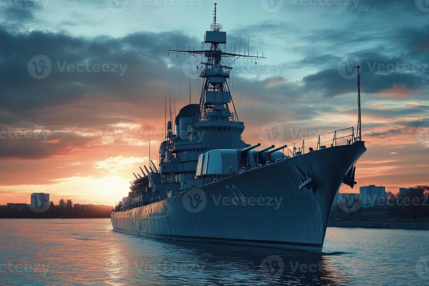 A battleship sailing at sunset on calm waters. photo
