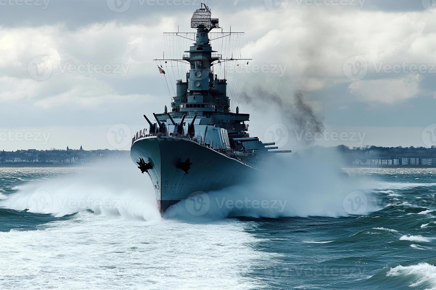 A battleship navigating through turbulent waters. photo