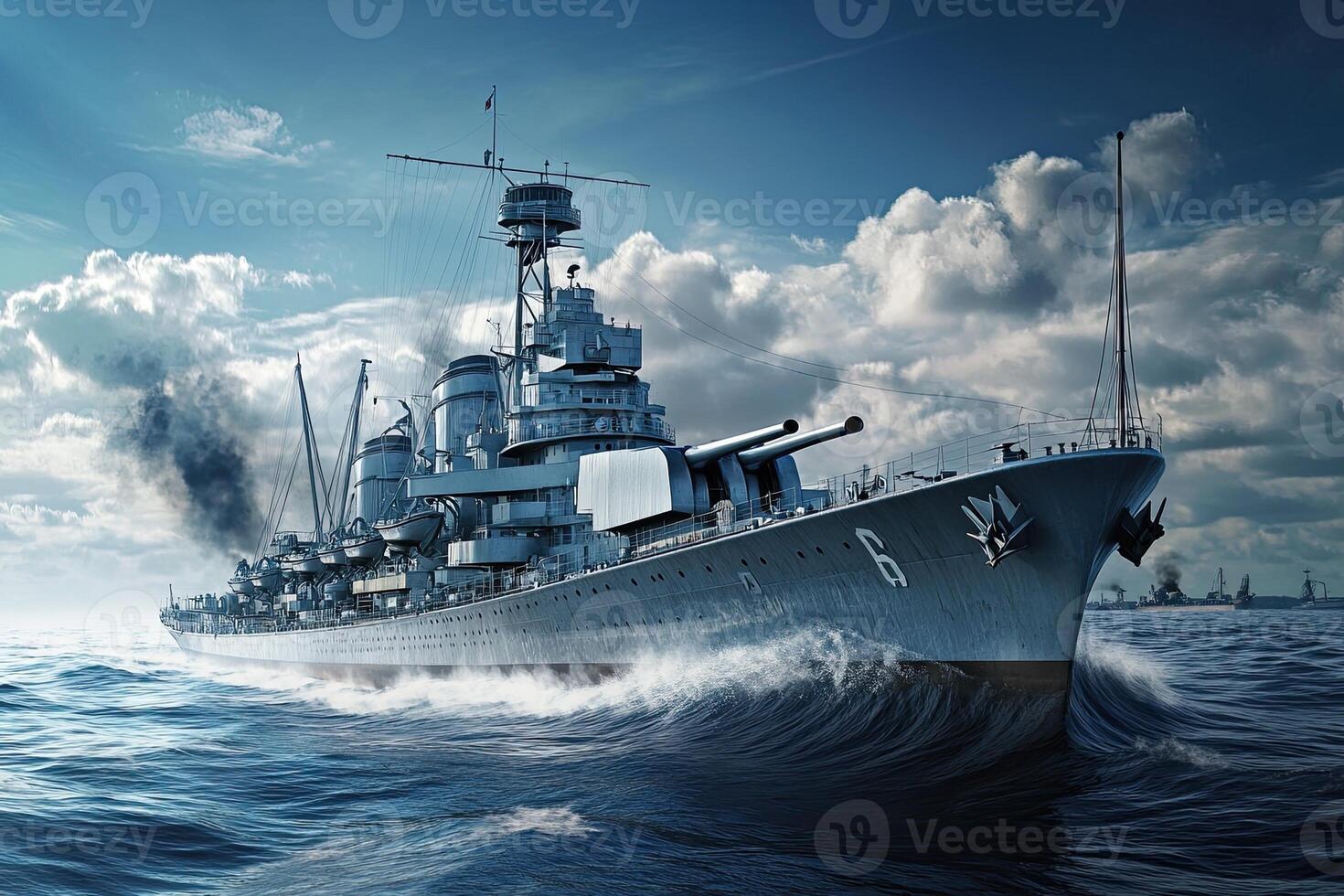 A battleship sailing through turbulent waters. photo
