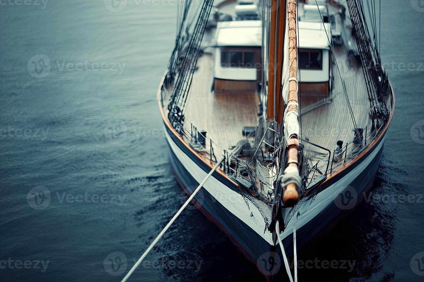 A close-up view of a sailing ship on calm waters. photo