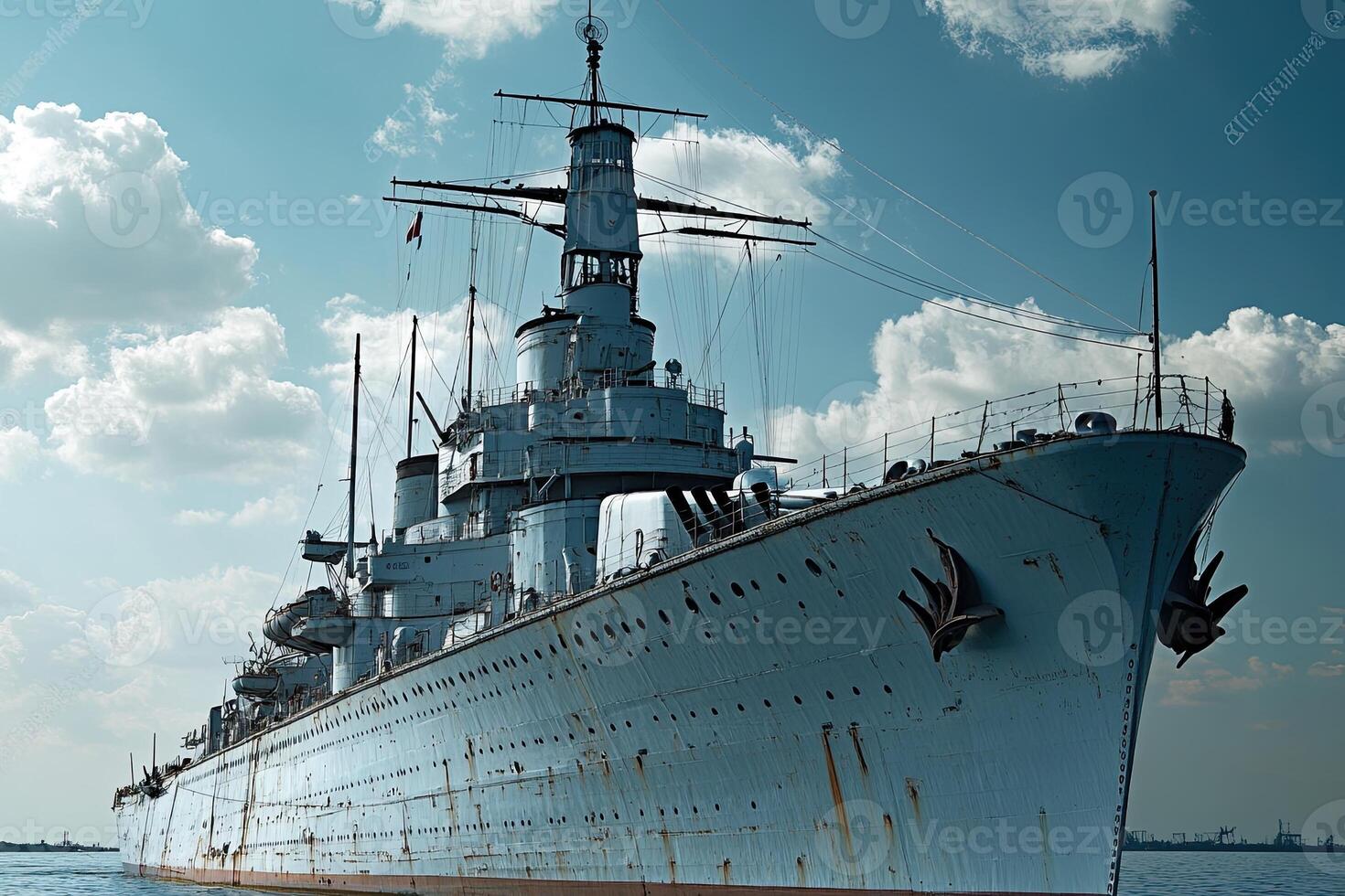 A historic battleship docked, showcasing maritime heritage. photo