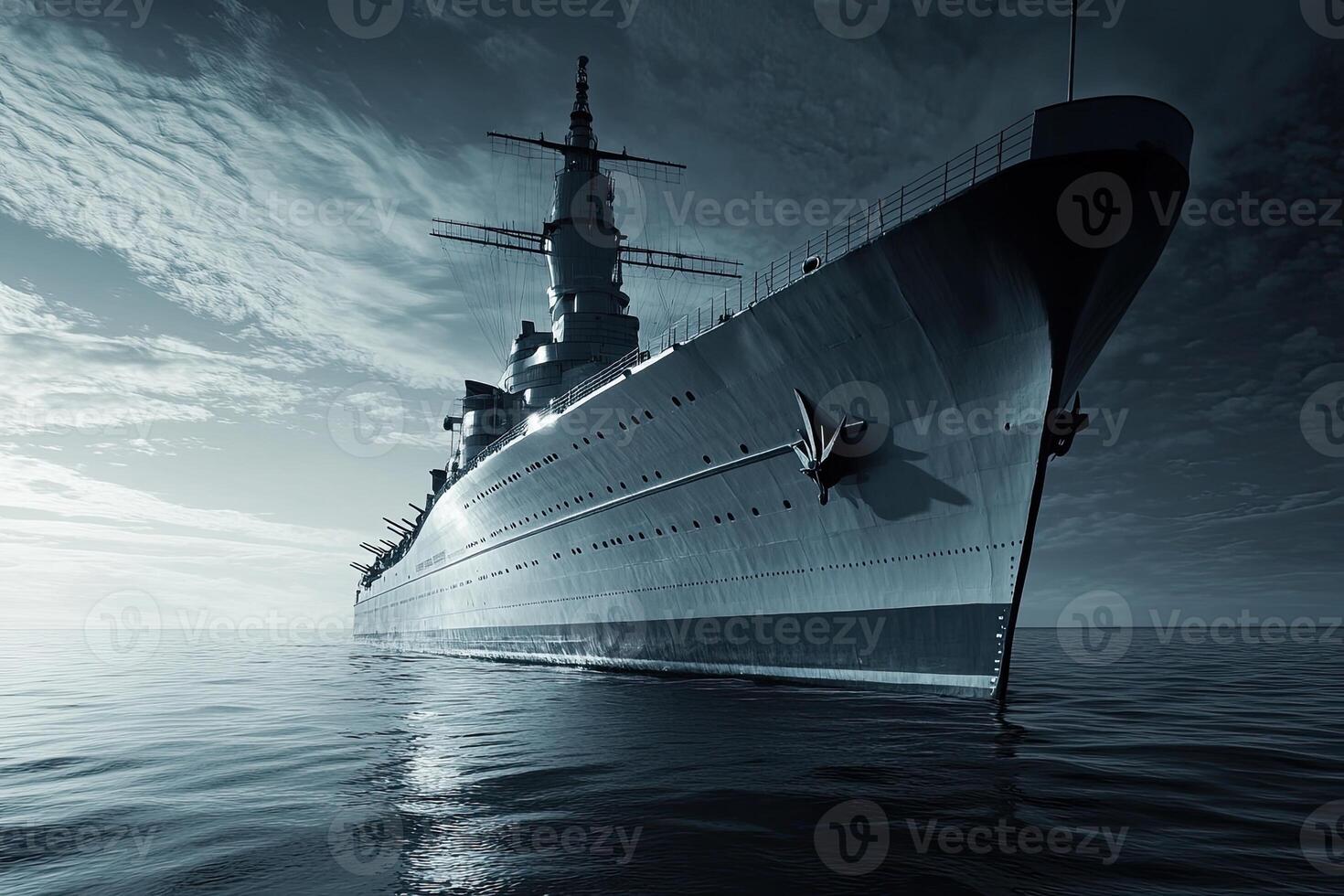 A large battleship emerging from calm waters under clouds. photo