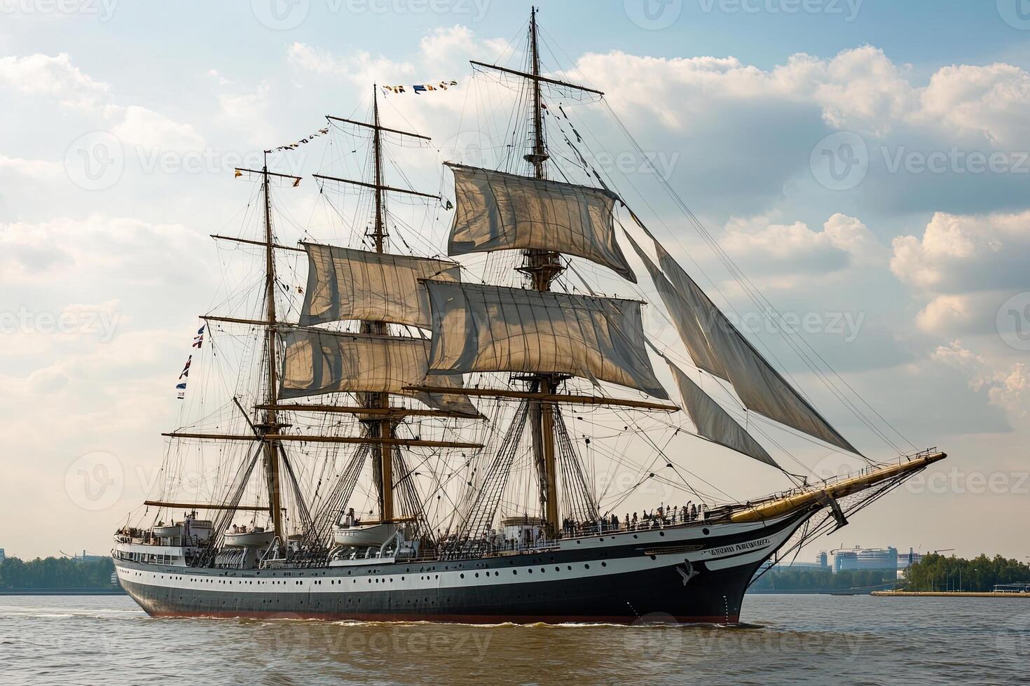 A majestic sailing ship navigating through calm waters. photo