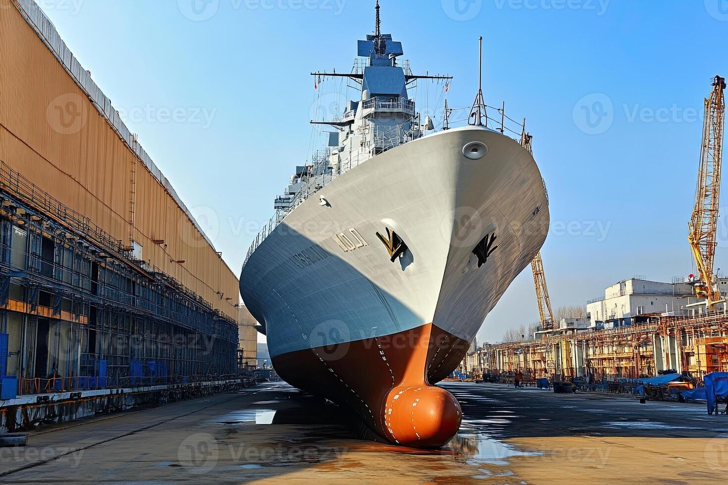 A large ship in a dry dock for repairs and maintenance. photo