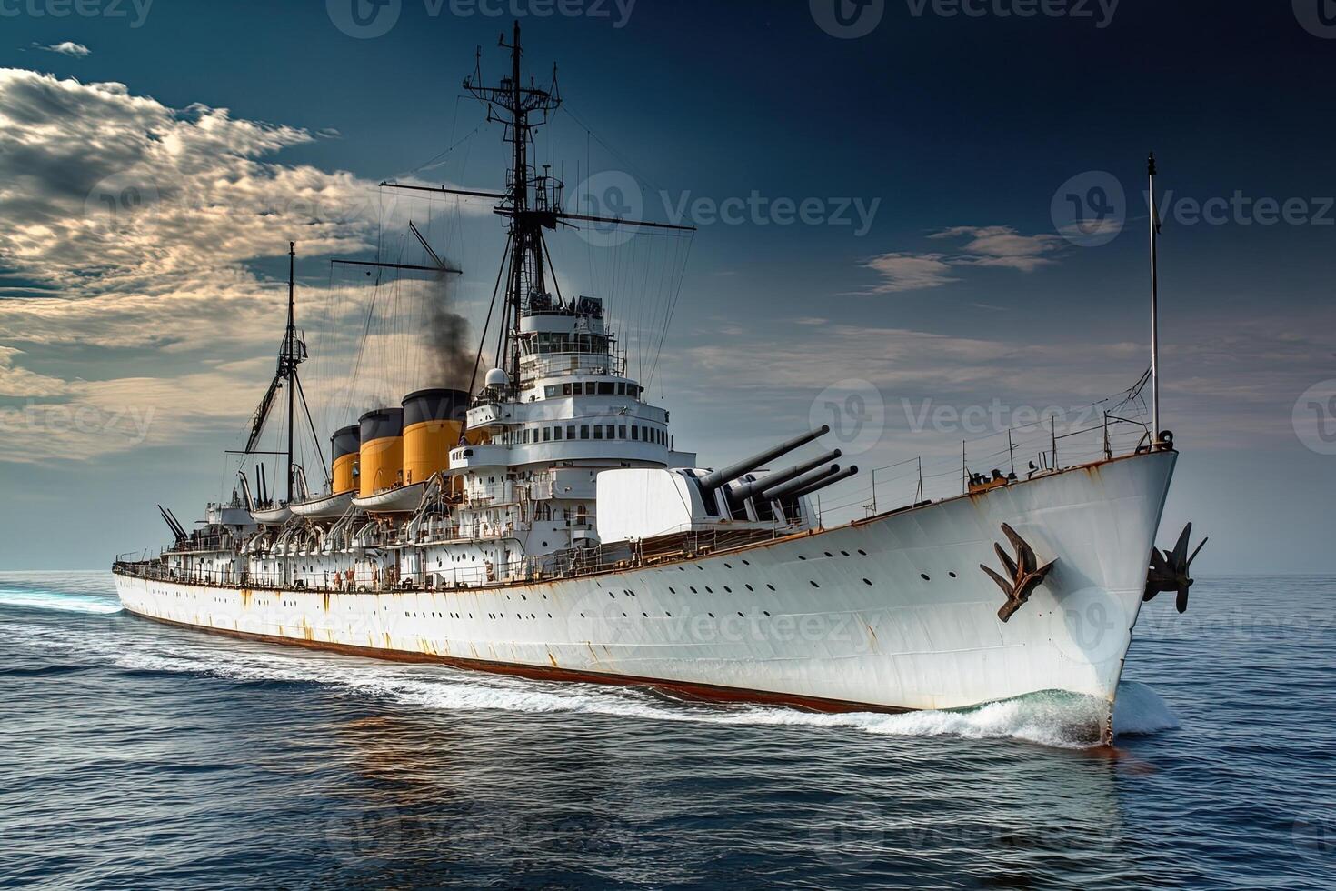 A historic battleship sailing on the ocean. photo