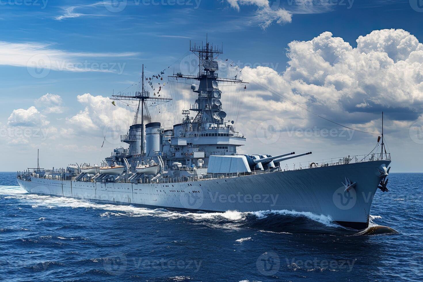 A battleship navigating through the ocean waters. photo