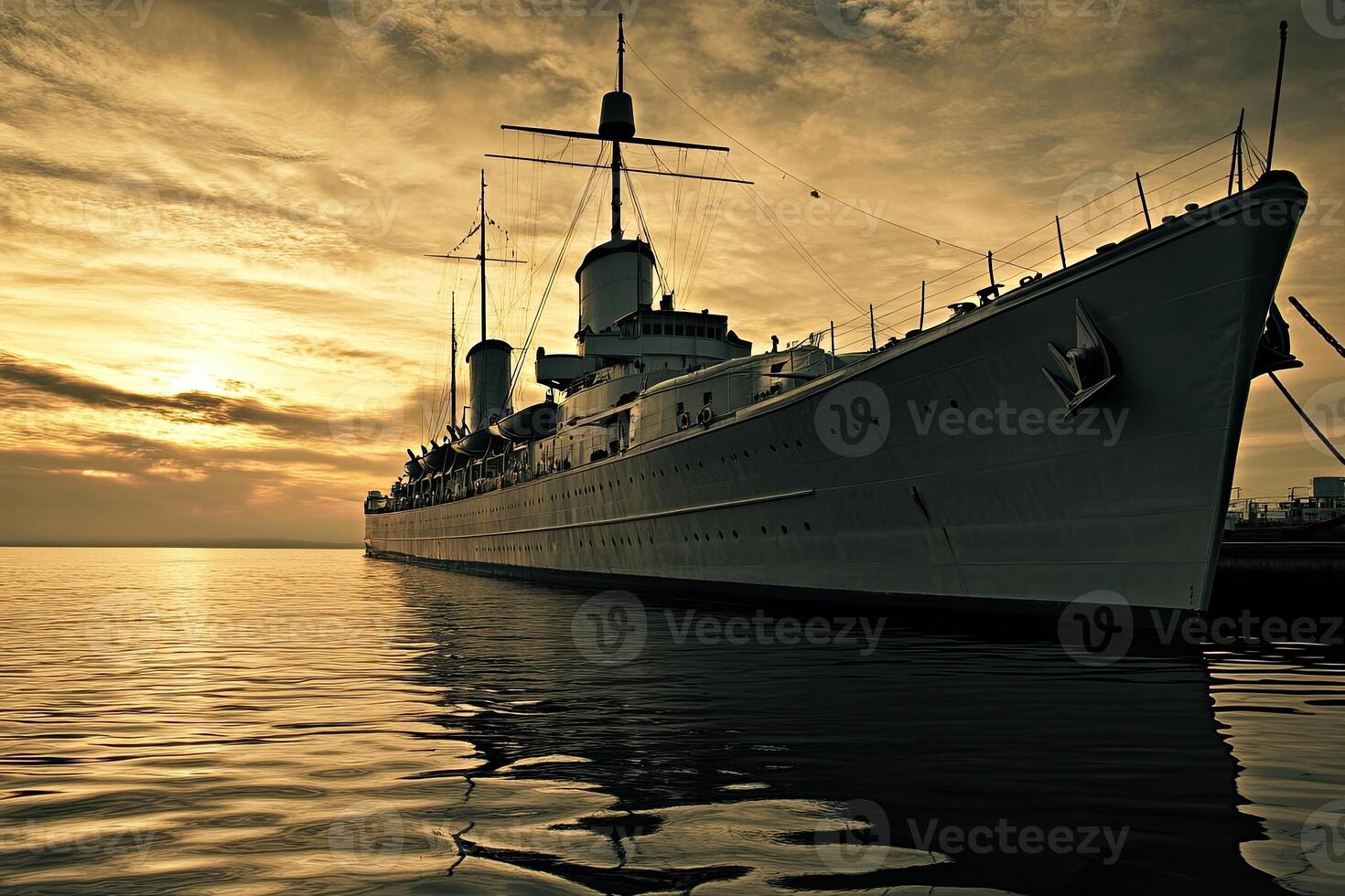A historic battleship docked at sunset on calm waters. photo
