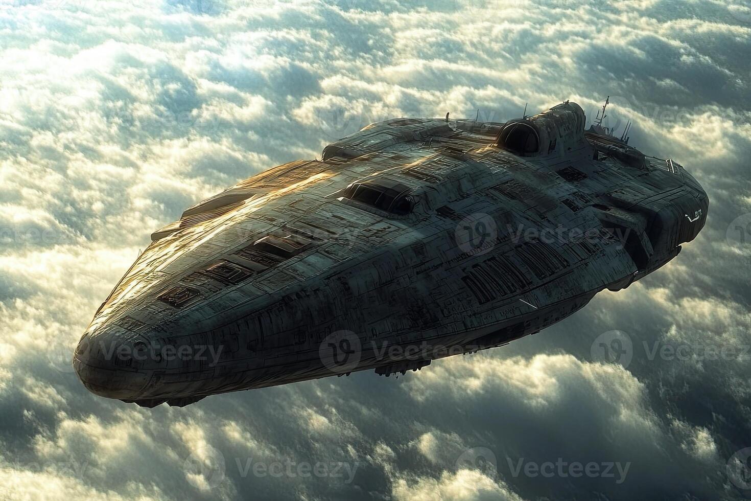 A futuristic spaceship soaring above the clouds. photo