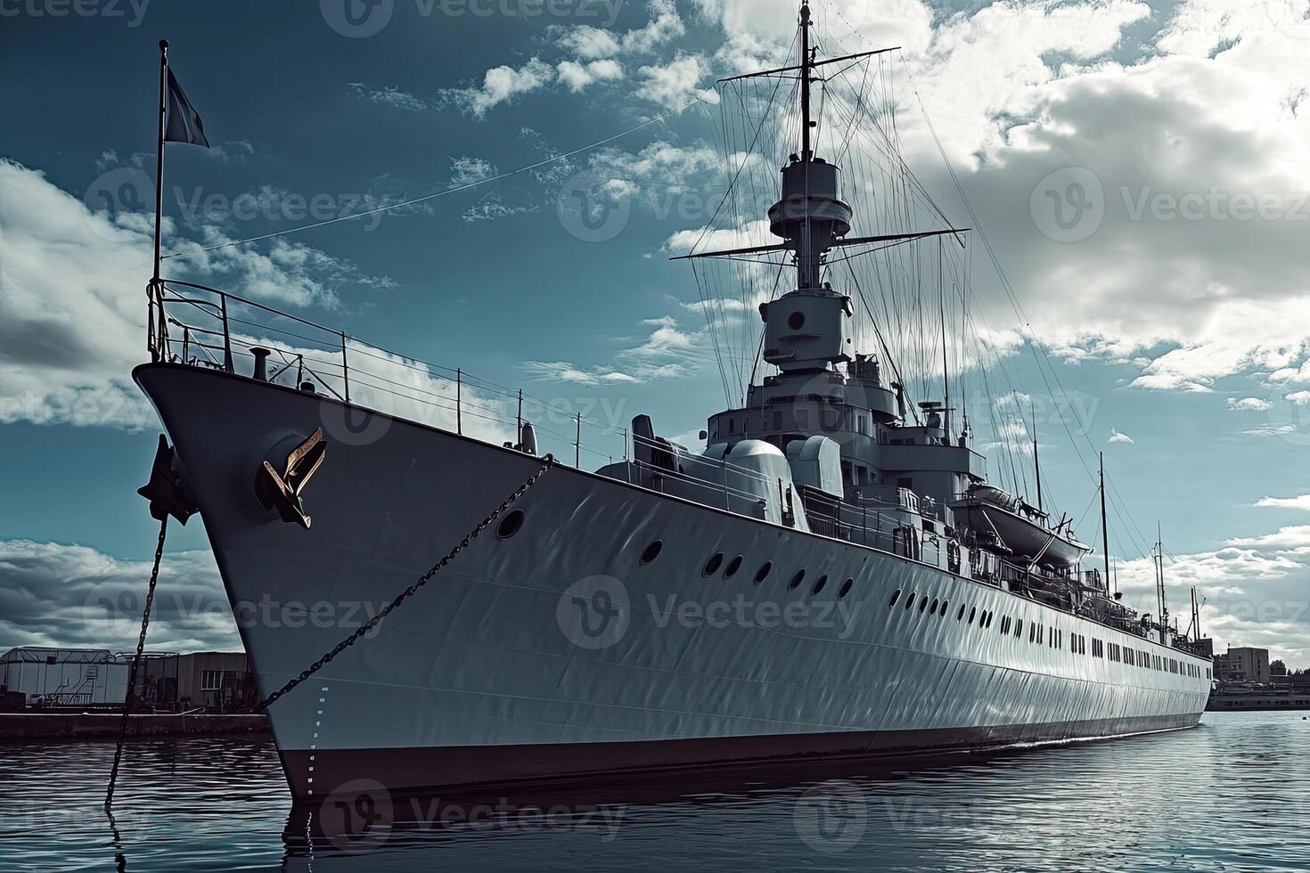 A historic ship docked in a serene harbor setting. photo