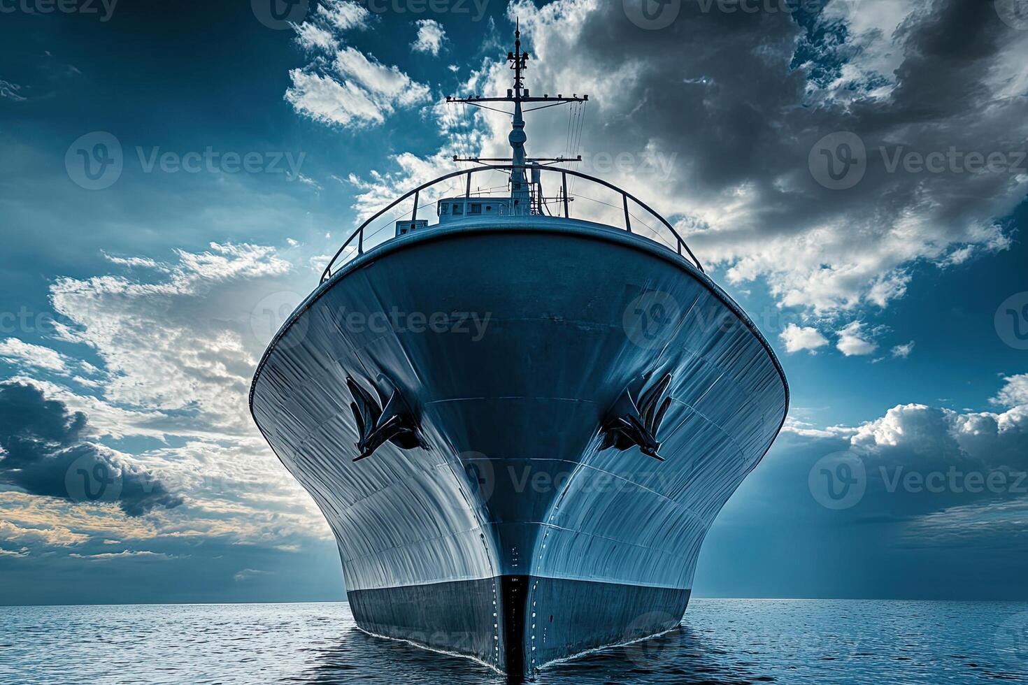 A large ship poised on calm waters under dramatic skies. photo