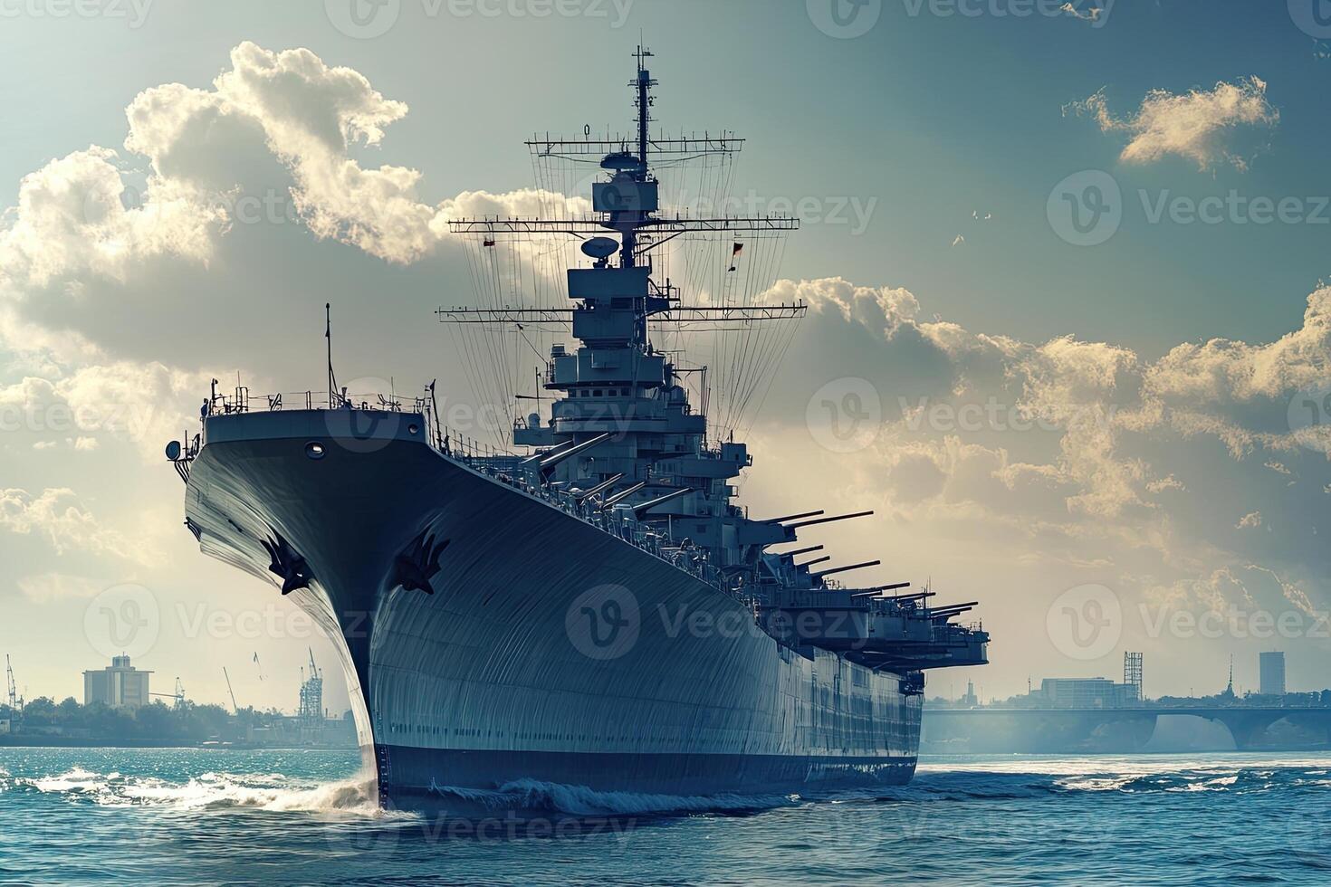 A battleship navigating through calm waters under clouds. photo