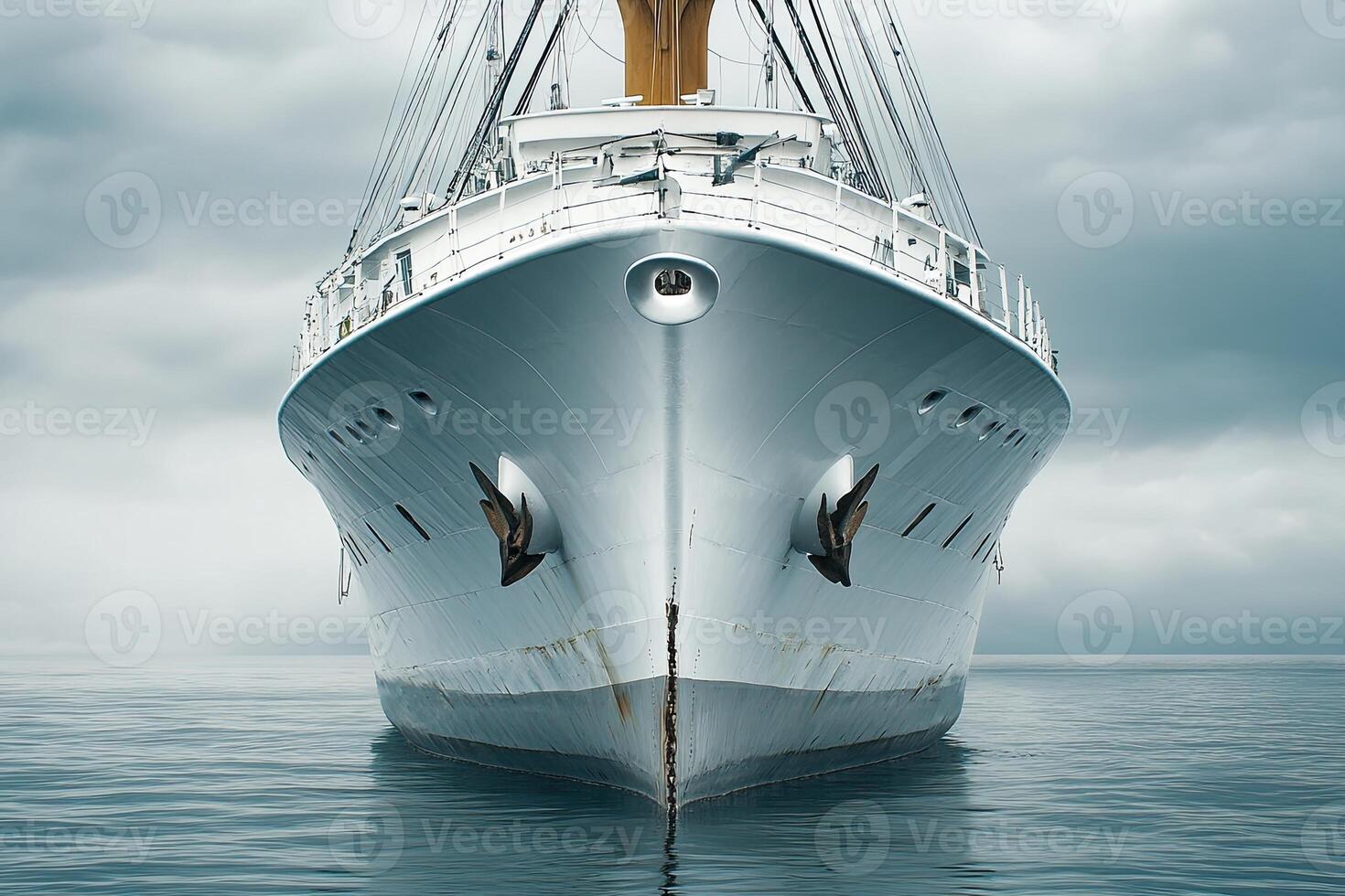 A large ship's bow emerging from calm waters under clouds. photo