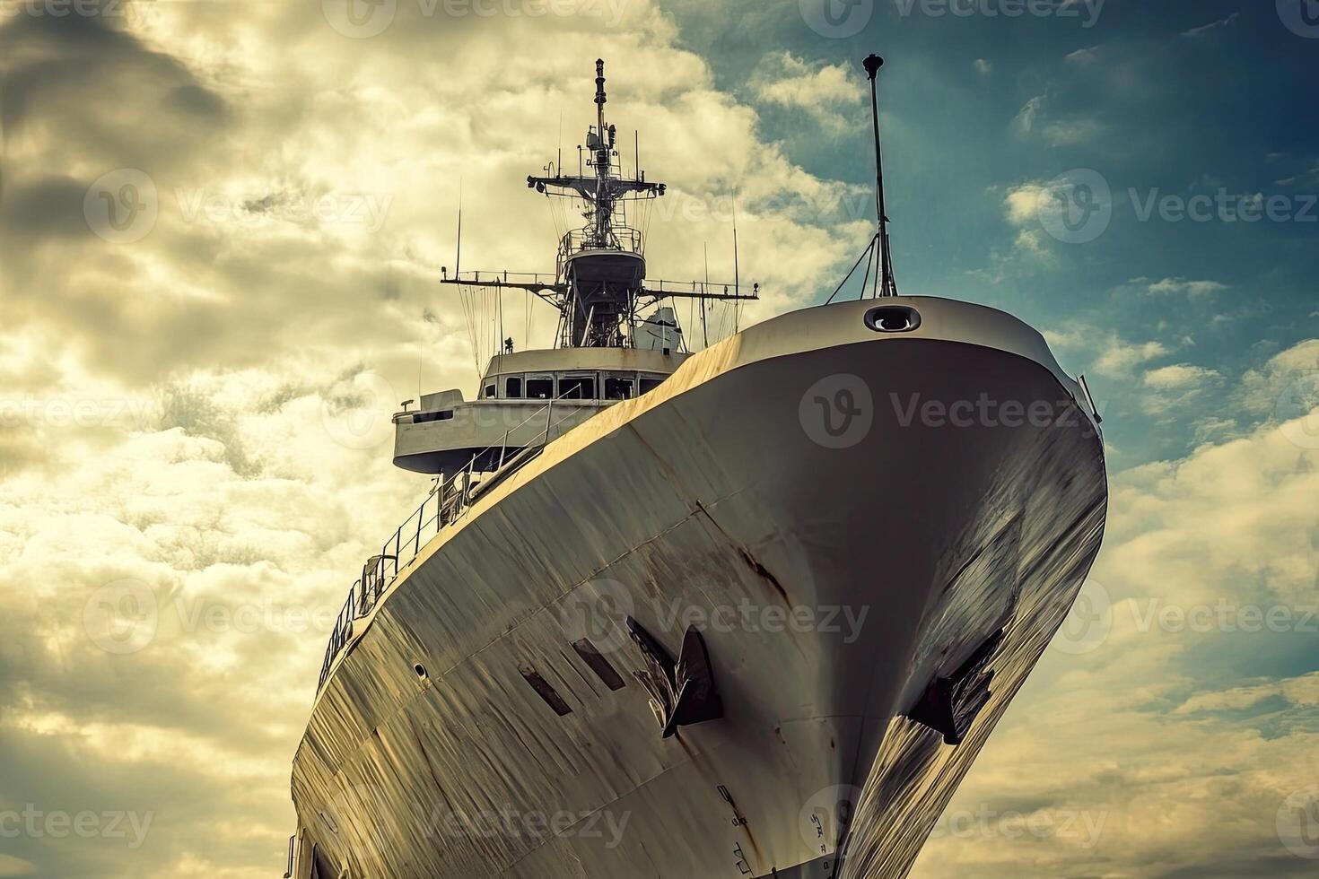 A large ship under a cloudy sky, showcasing its structure. photo