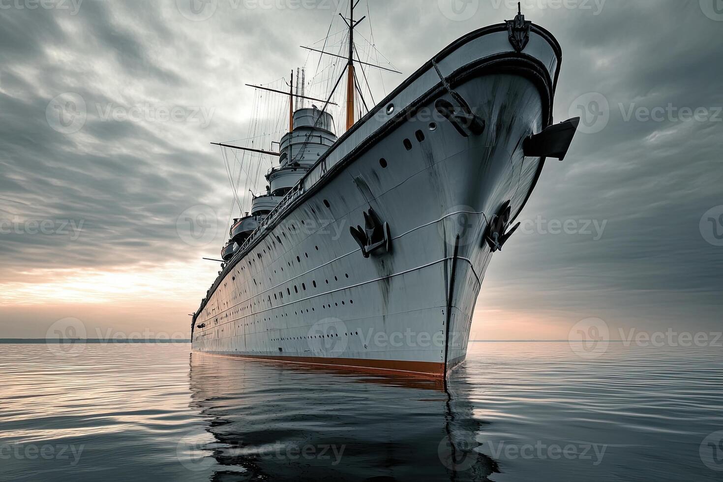 A majestic ship anchored in calm waters at sunset. photo