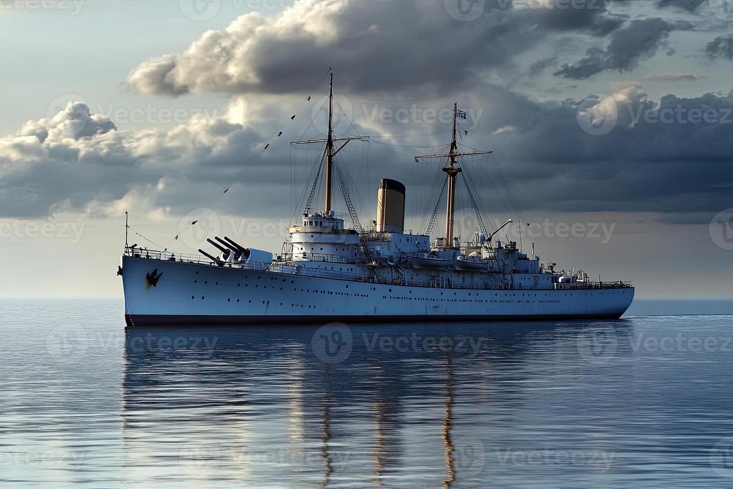 A historic ship sailing on calm waters under cloudy skies. photo