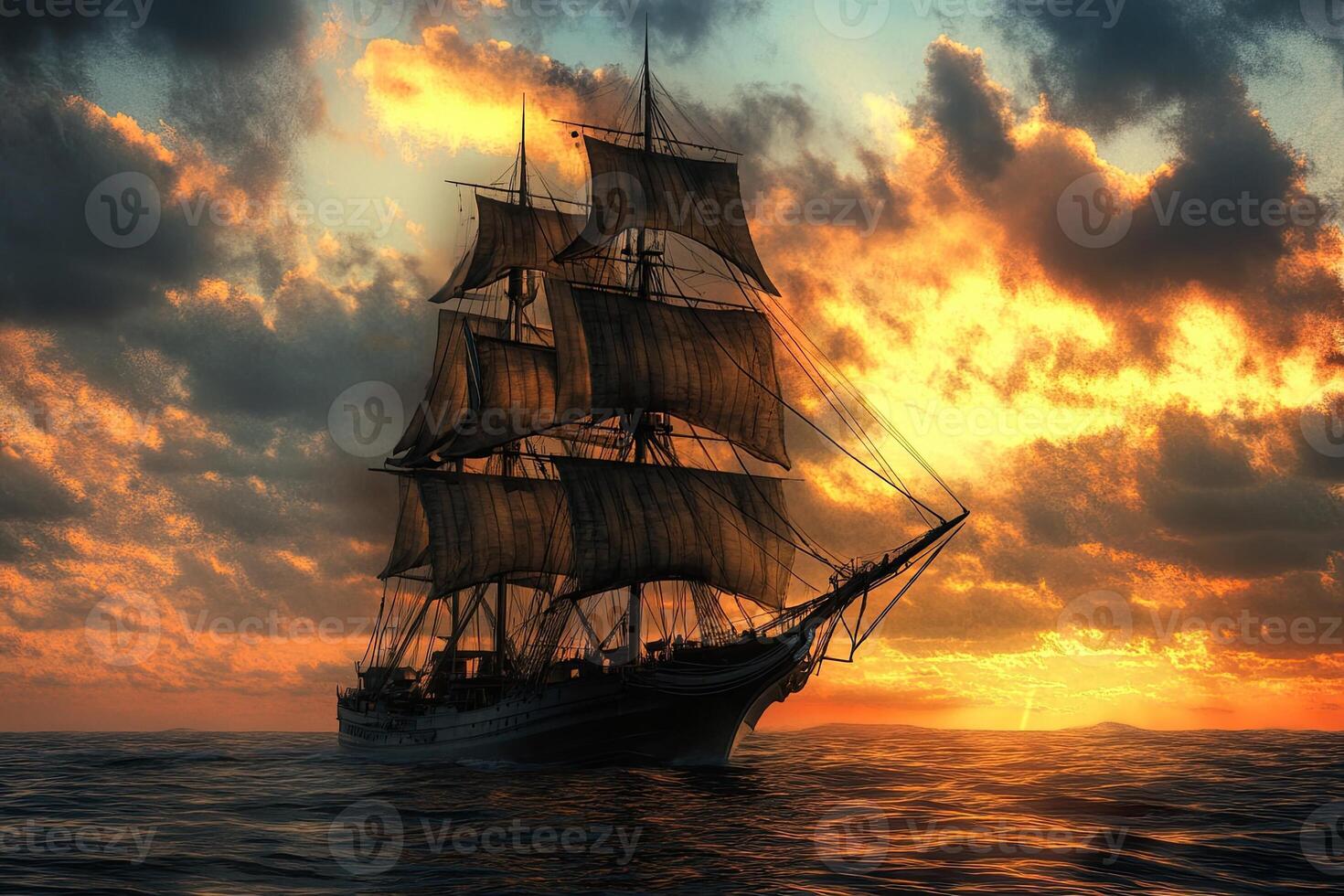 A majestic sailing ship against a vibrant sunset. photo