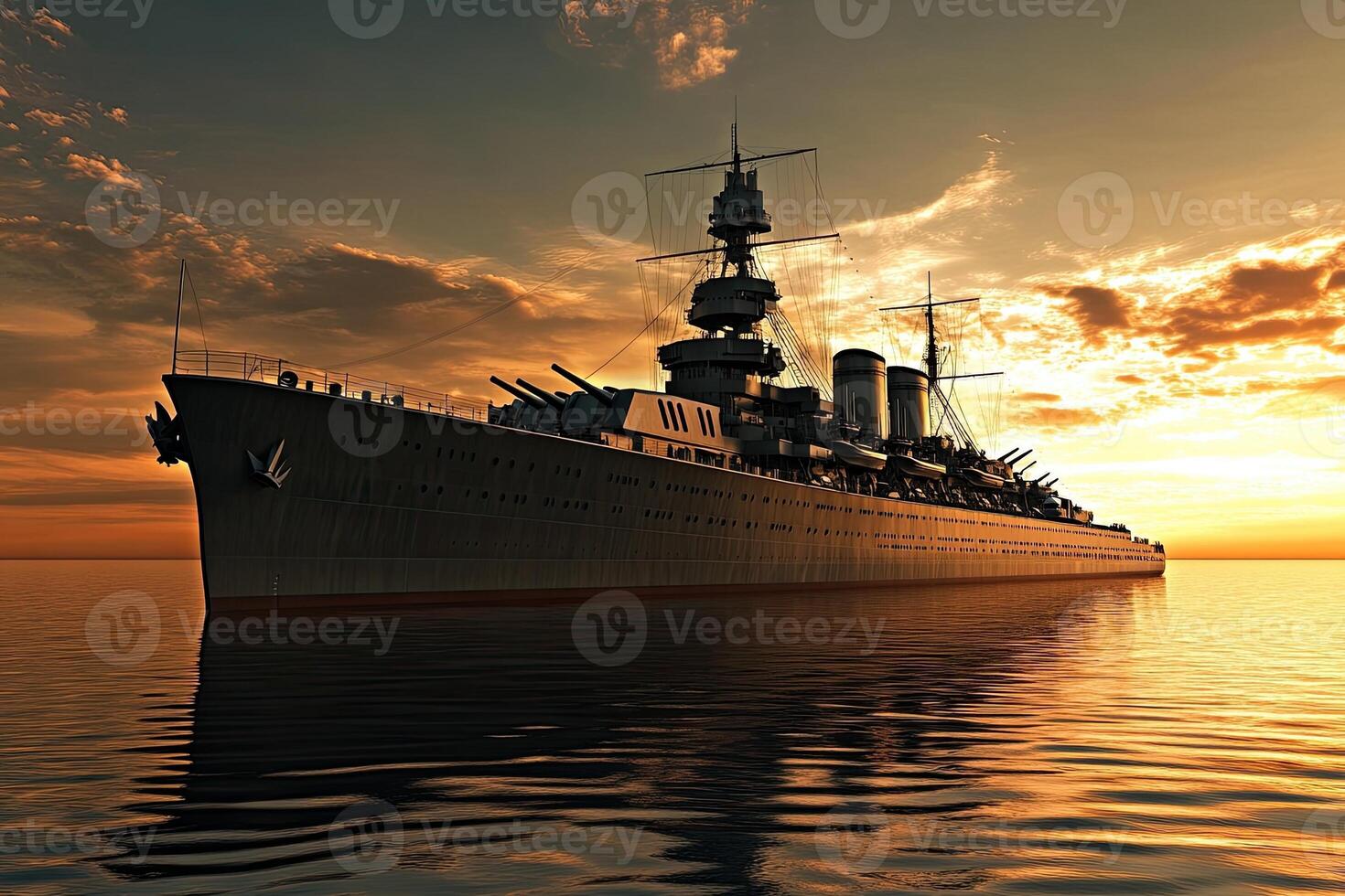 A majestic battleship silhouetted against a sunset. photo