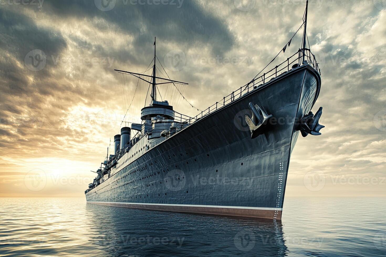 A majestic ship anchored in calm waters at sunset. photo