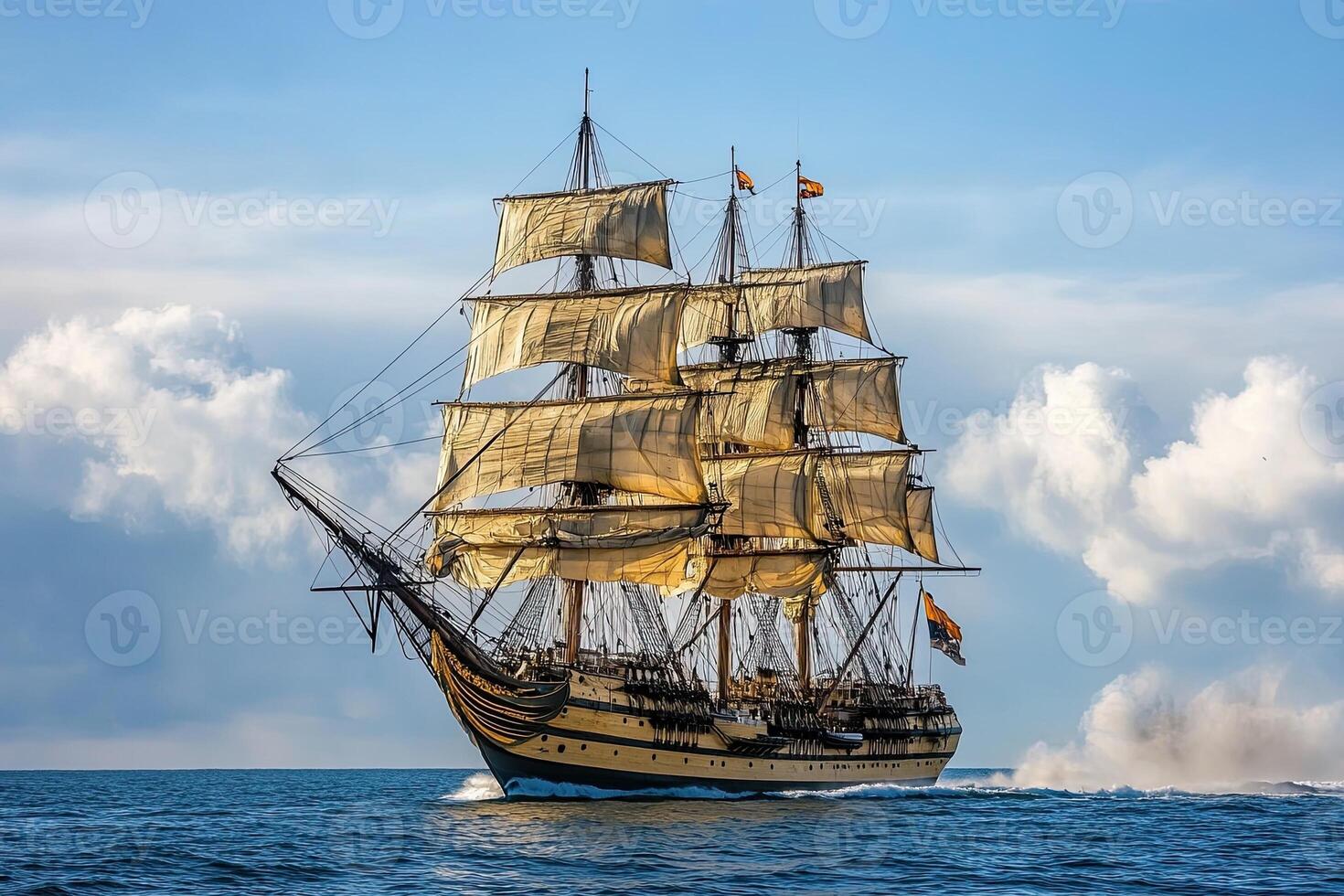 A majestic sailing ship with billowing sails on the ocean. photo