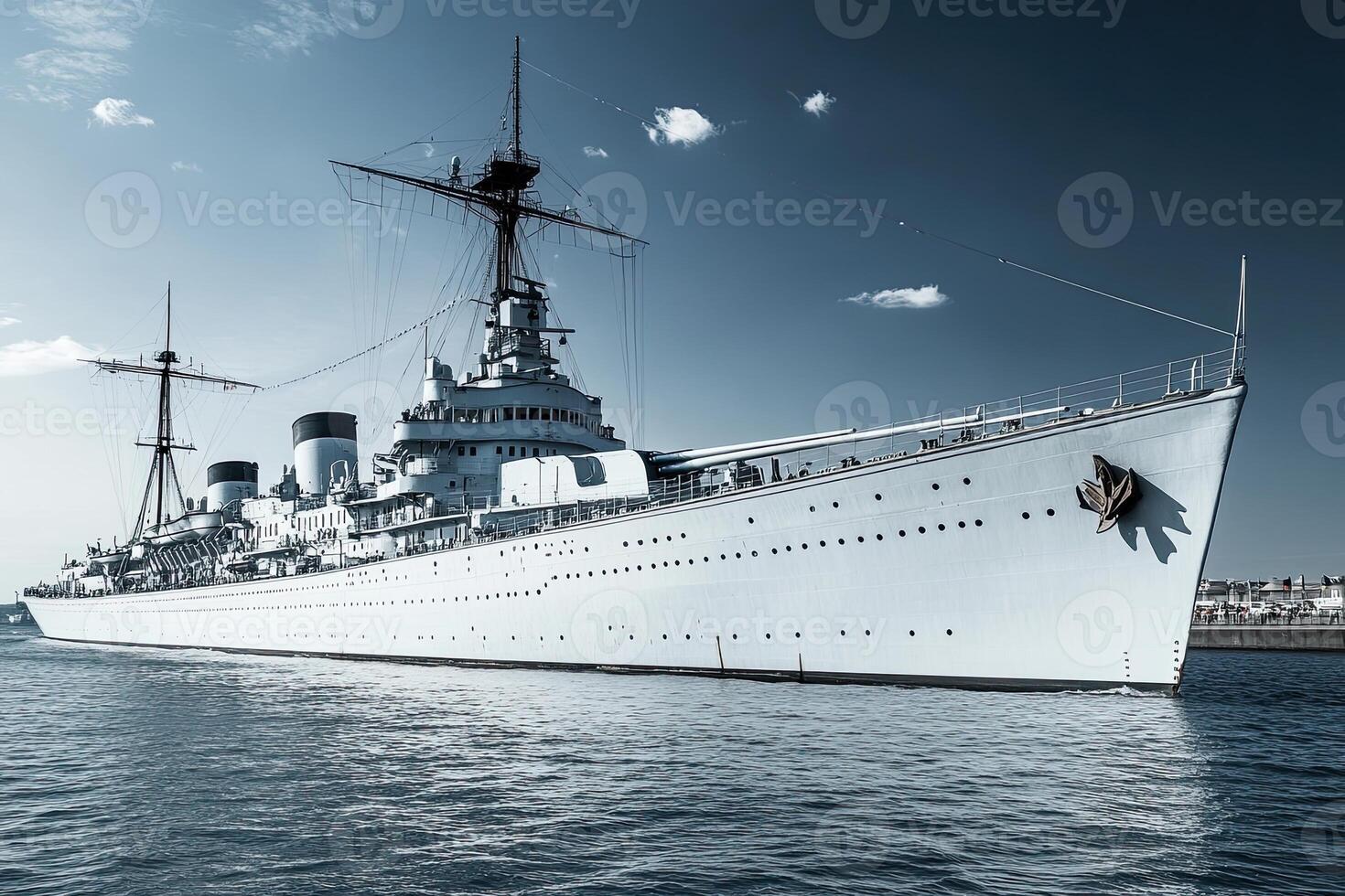 A majestic ship docked on calm waters under a clear sky. photo