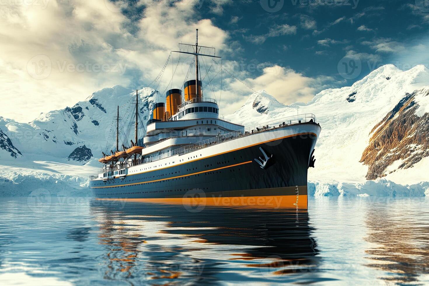 A majestic ship navigating icy waters surrounded by mountains. photo