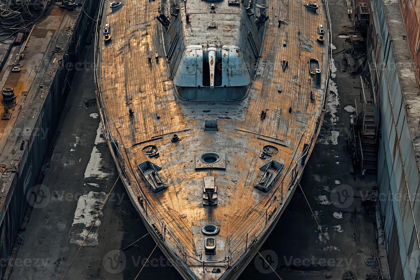 Aerial view of a weathered ship in a dry dock. photo