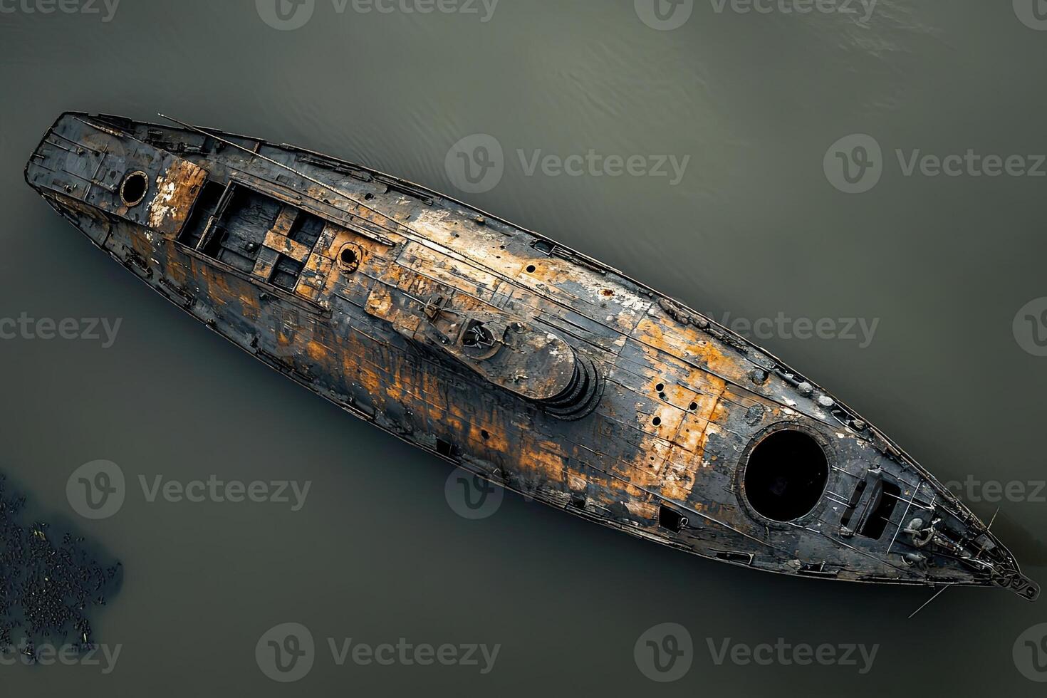 Aerial view of a rusted shipwreck in murky water. photo