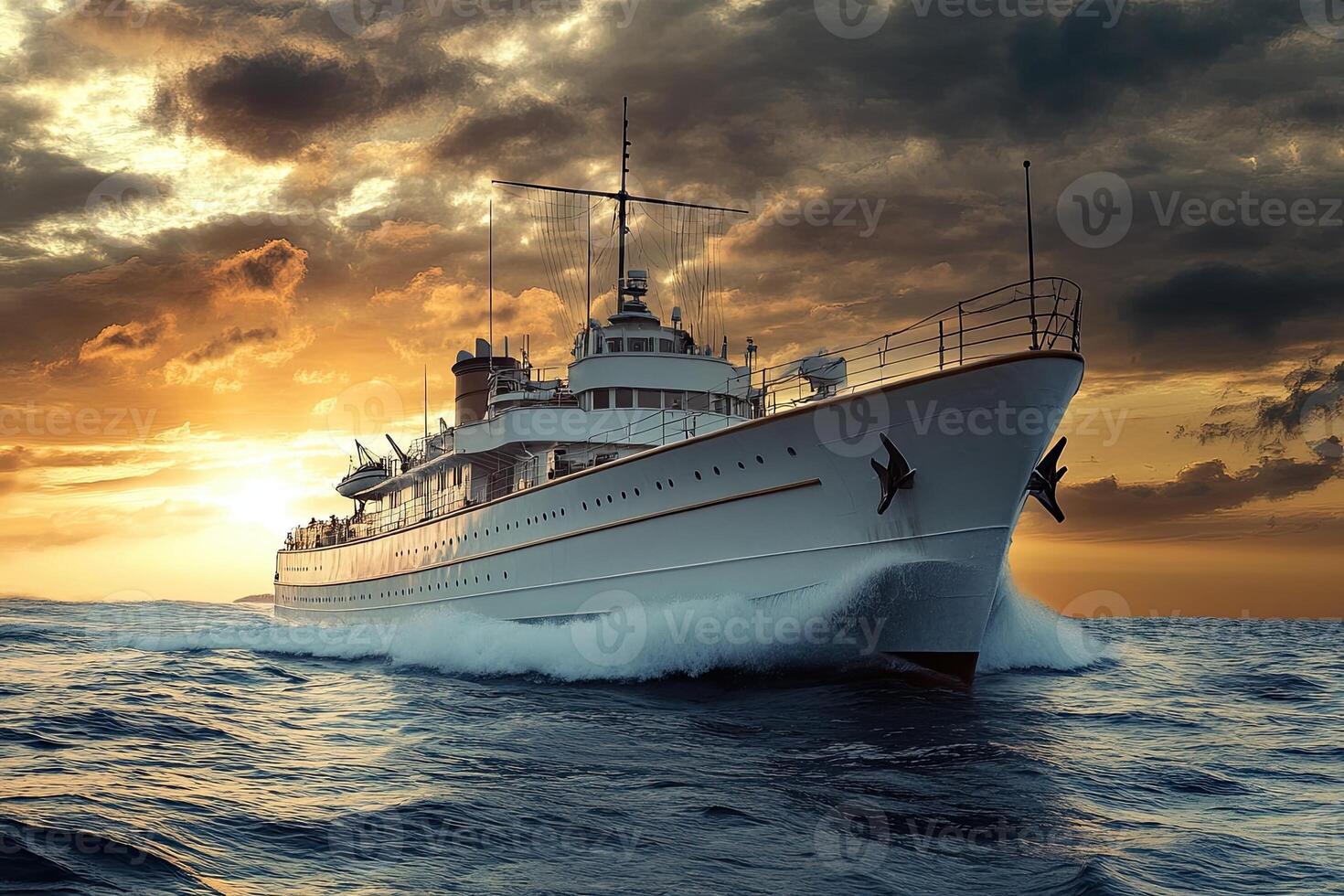 A majestic ship navigating through ocean waves at sunset. photo