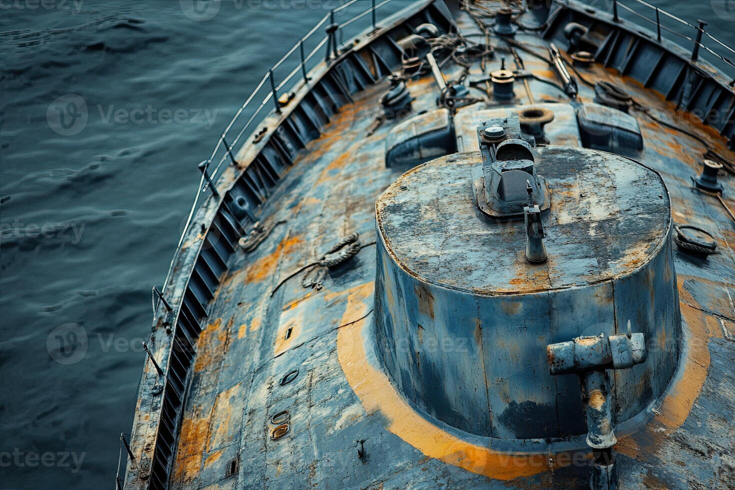 Aerial view of a rusty ship's bow on calm water. photo