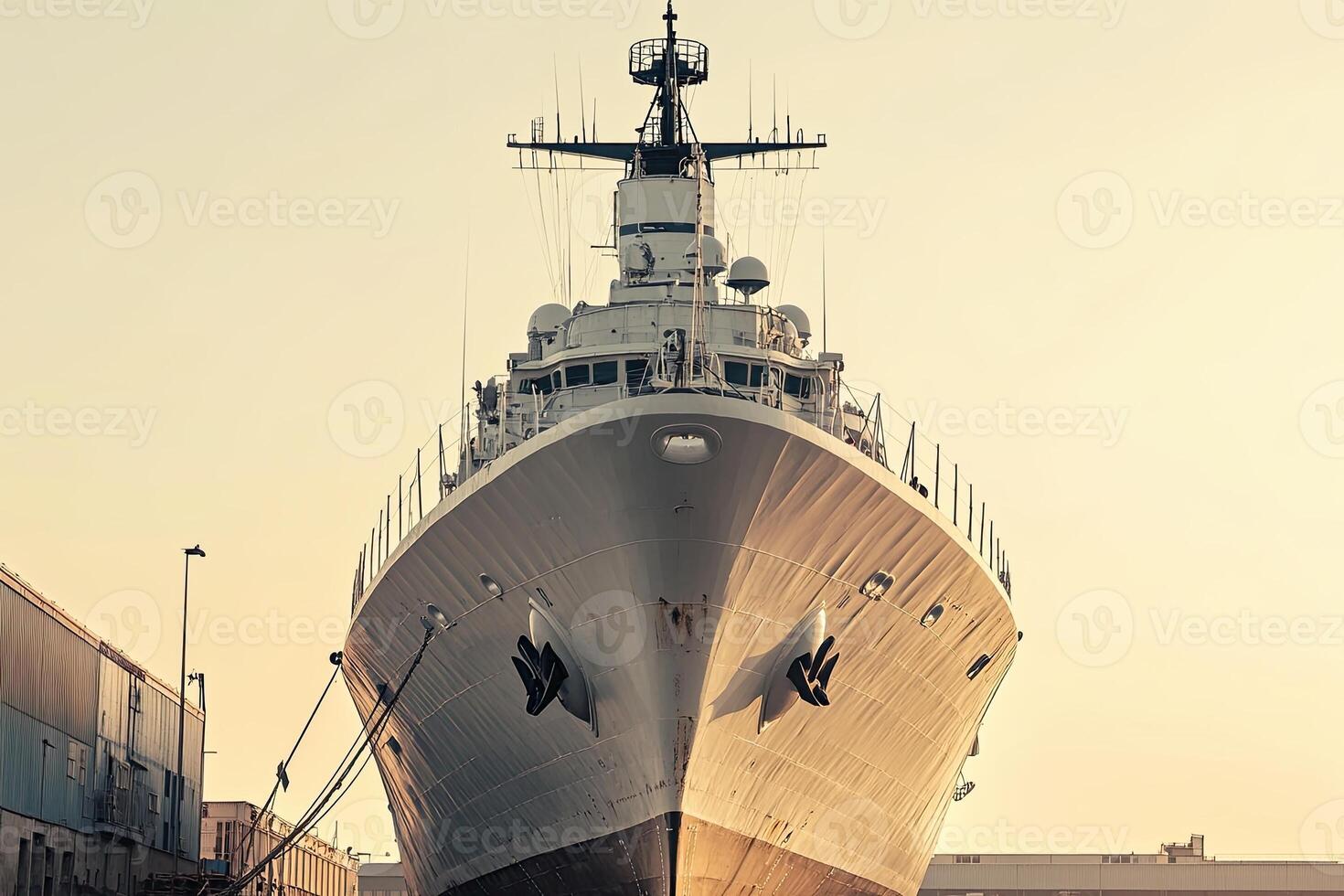 Large ship docked, showcasing naval architecture. photo