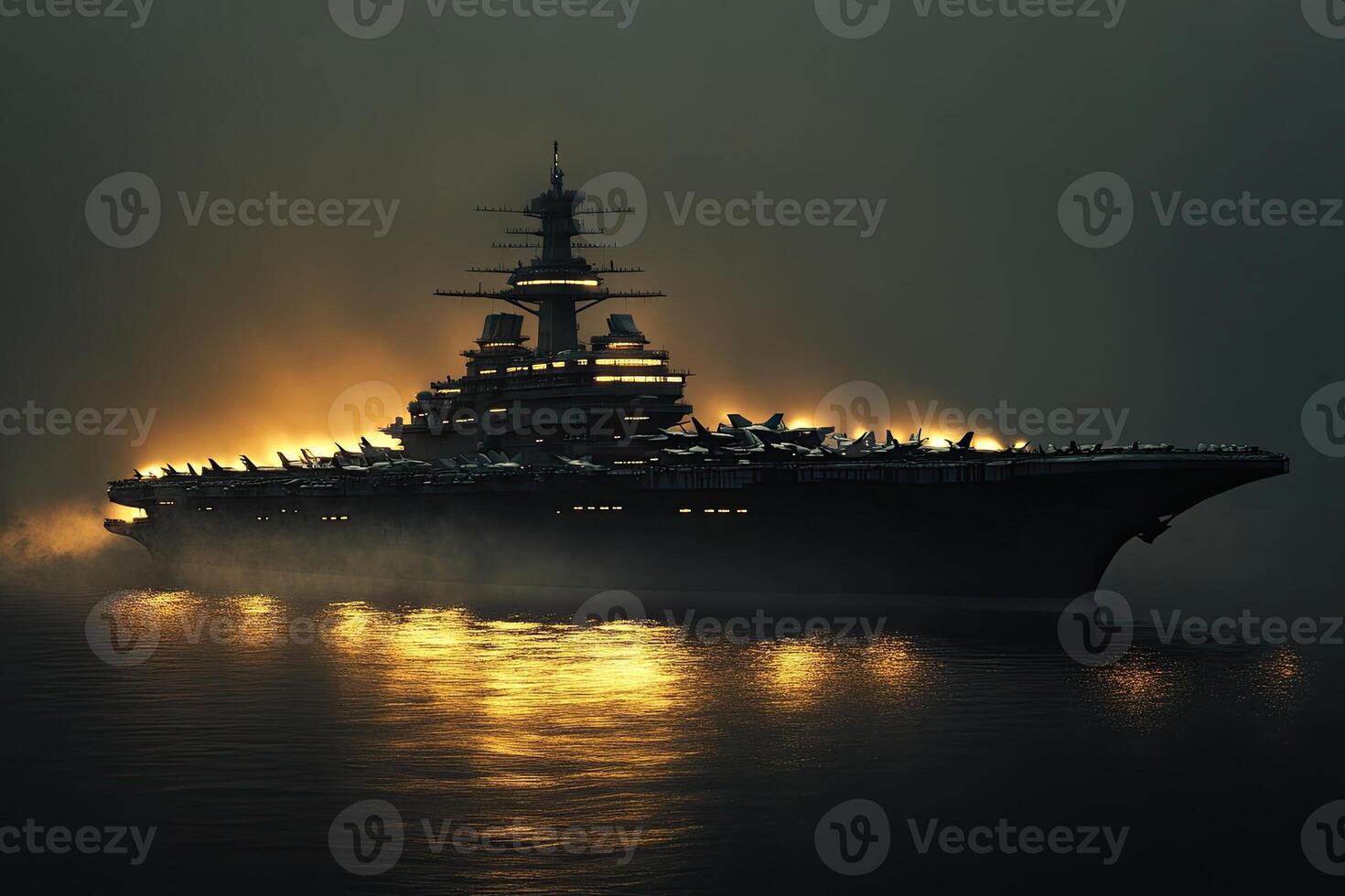 Majestic battleship illuminated by a golden glow at dusk. photo