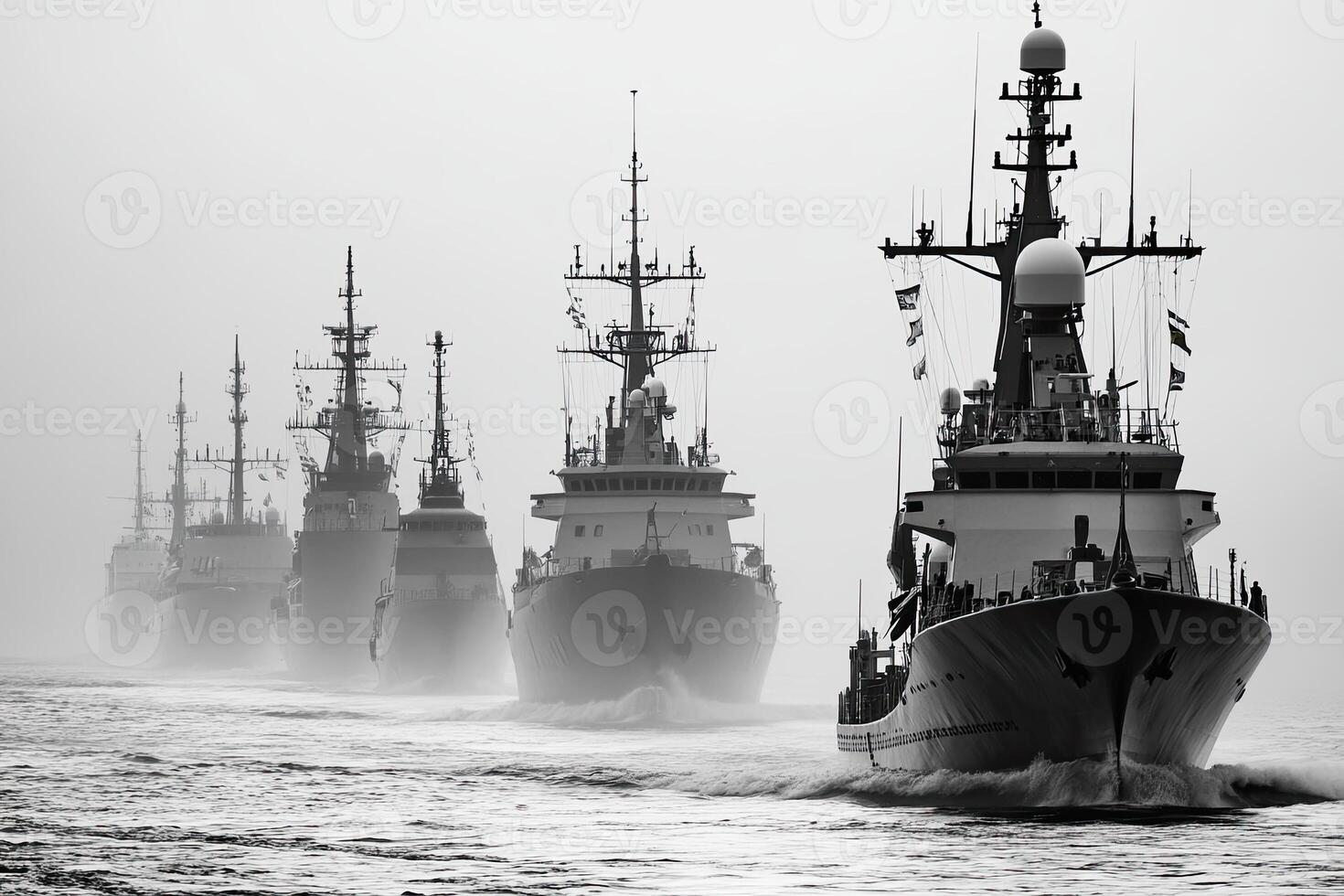 Fleet of naval ships navigating through foggy waters. photo