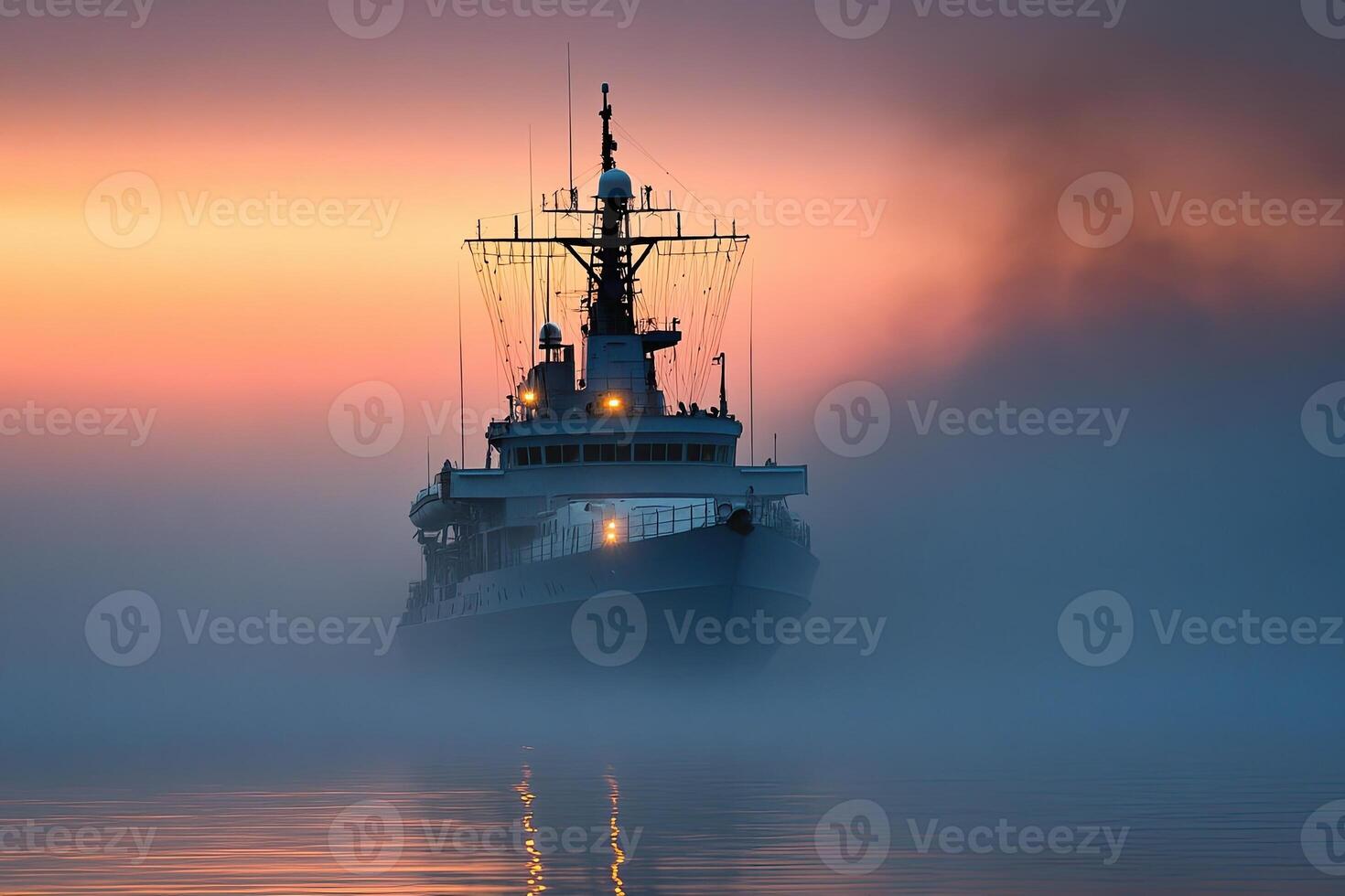 Ship emerging from fog at sunrise. photo