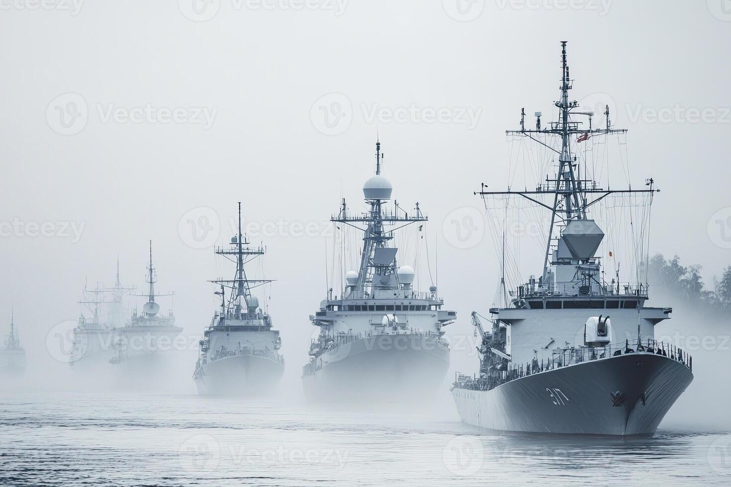 Naval ships navigating through foggy waters. photo