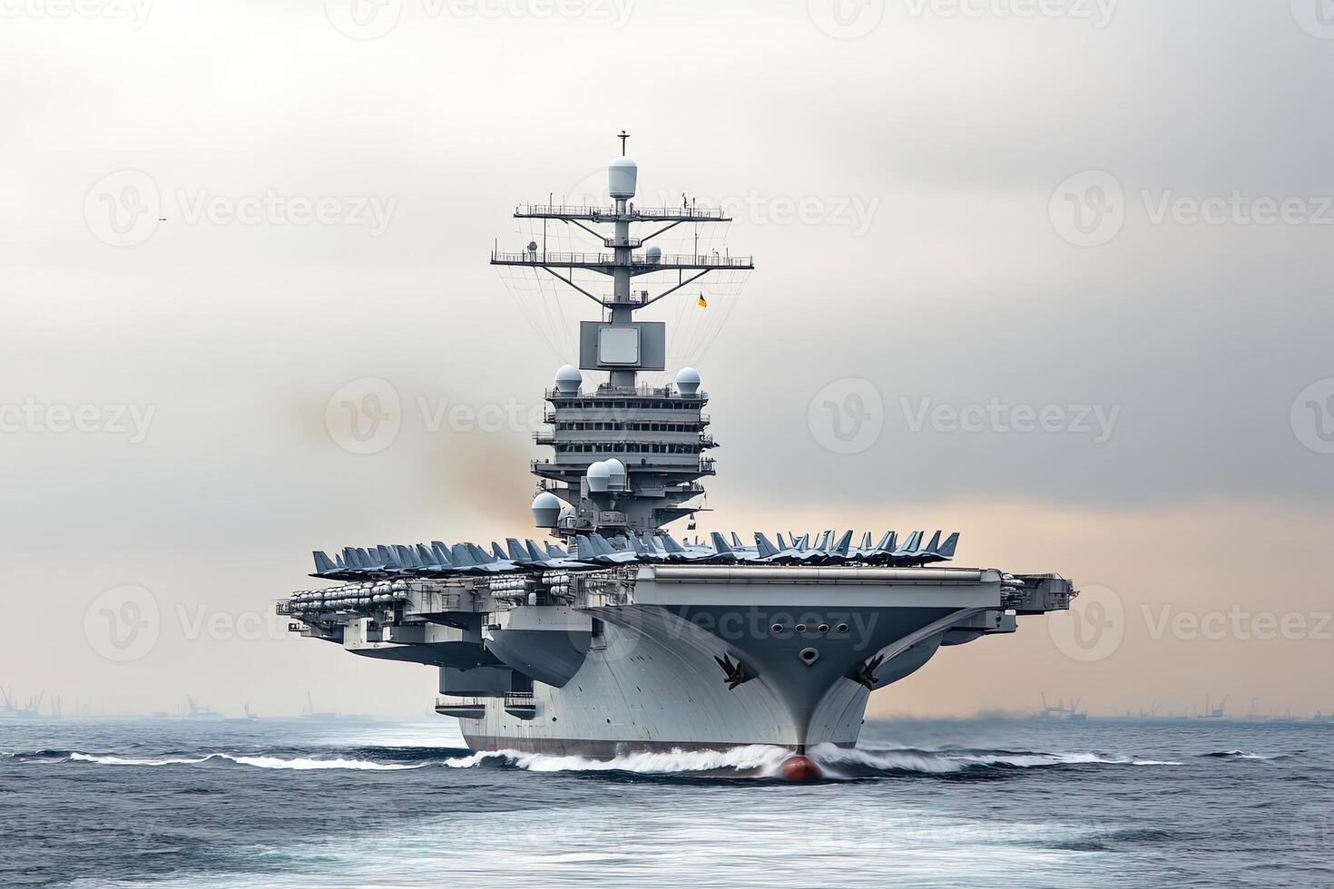 Aircraft carrier navigating through calm waters. photo