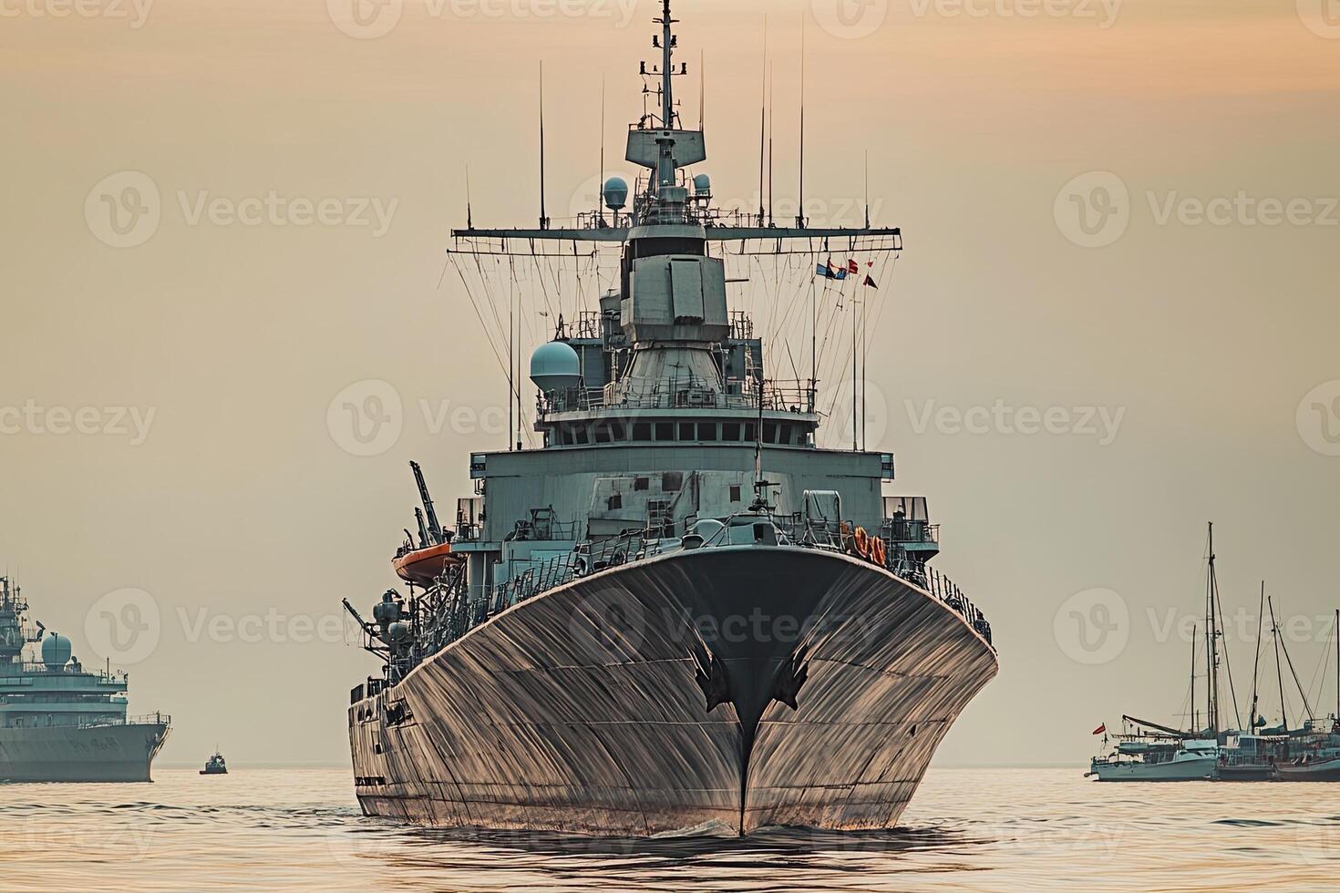 Naval ship navigating calm waters at sunset. photo