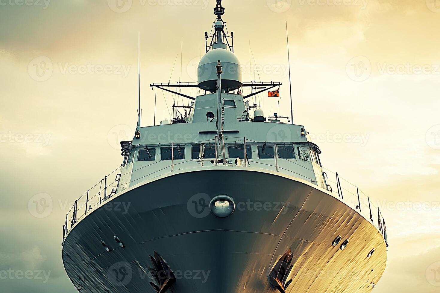 Front view of a naval ship under a cloudy sky. photo