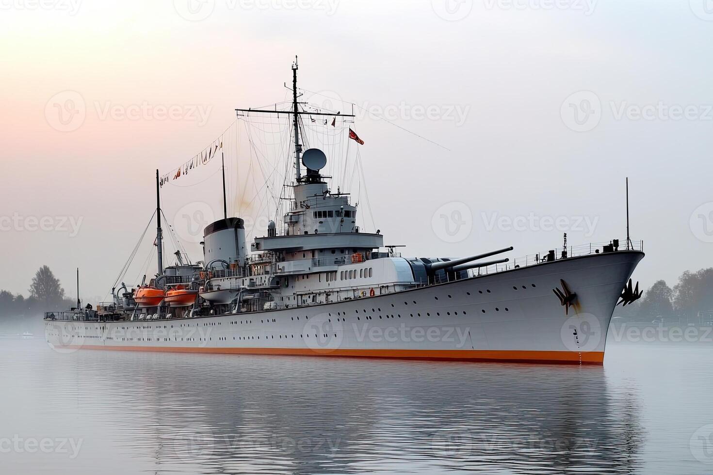 Historic ship anchored in misty waters at dawn. photo